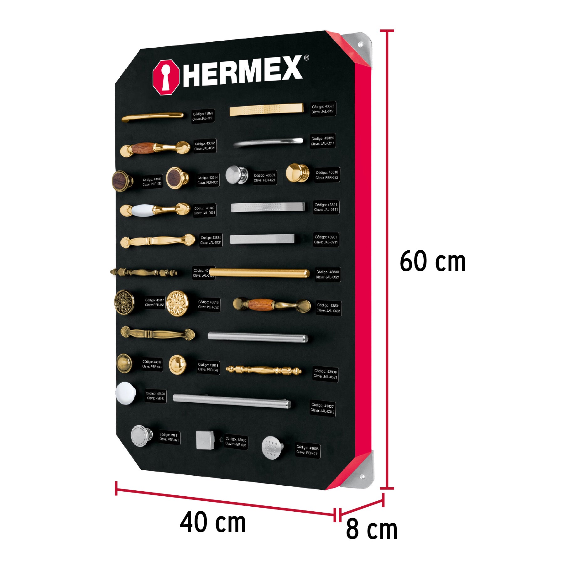 Exhibidor con jaladeras y perillas, 1 tablero, HERMEX