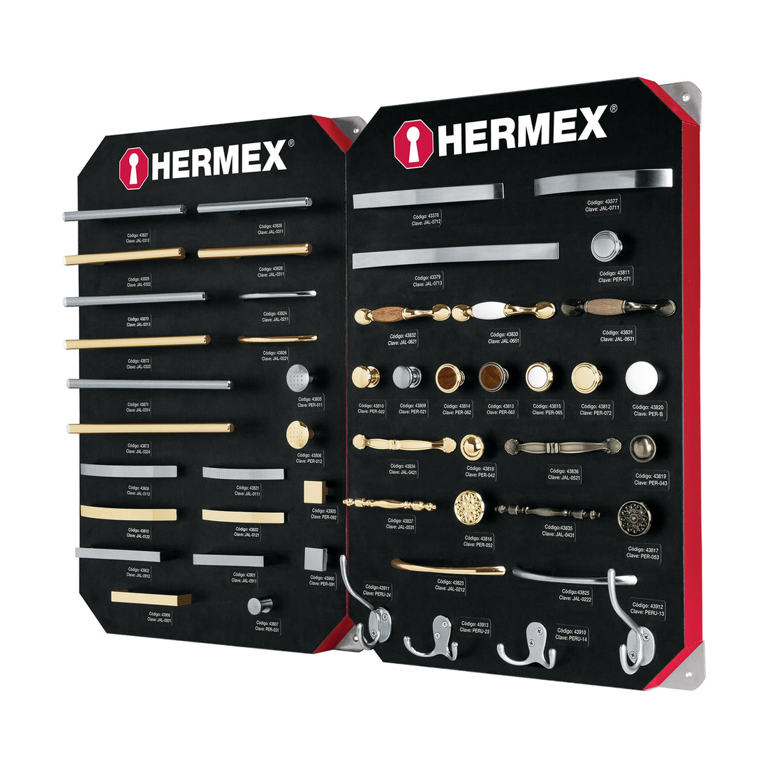 Exhibidor con jaladeras y perillas, 2 tableros, HERMEX