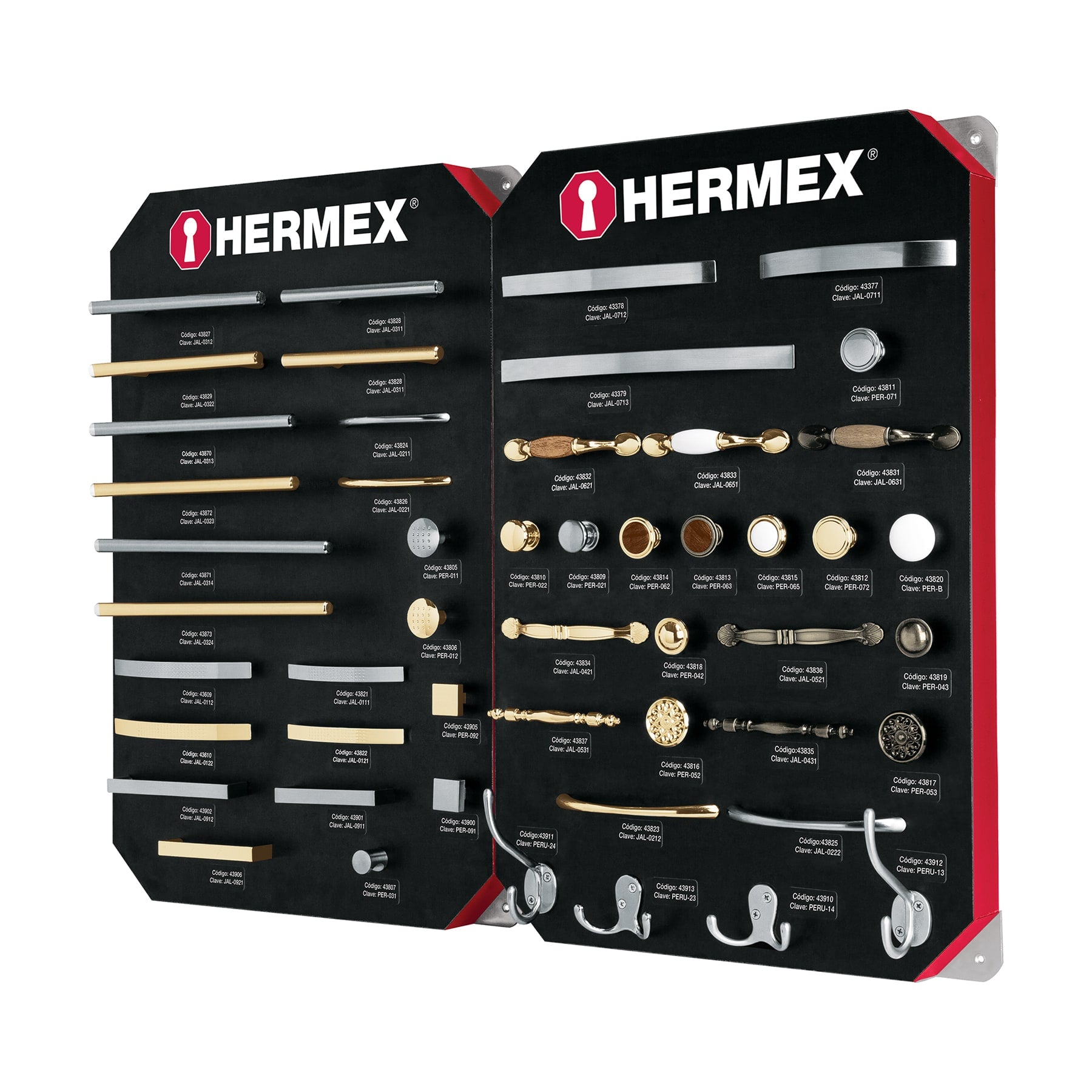 Exhibidor con jaladeras y perillas, 2 tableros, HERMEX