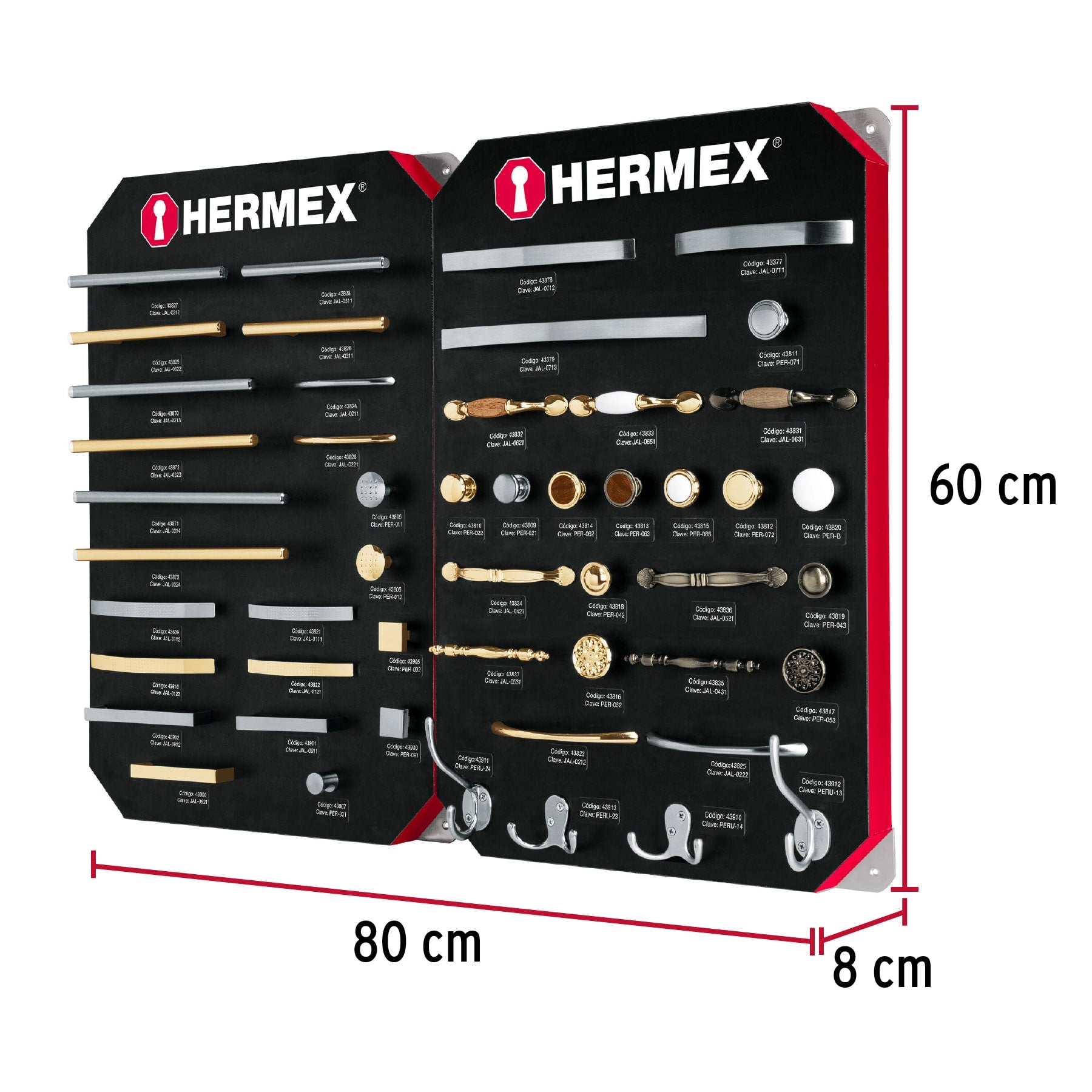 Exhibidor con jaladeras y perillas, 2 tableros, HERMEX