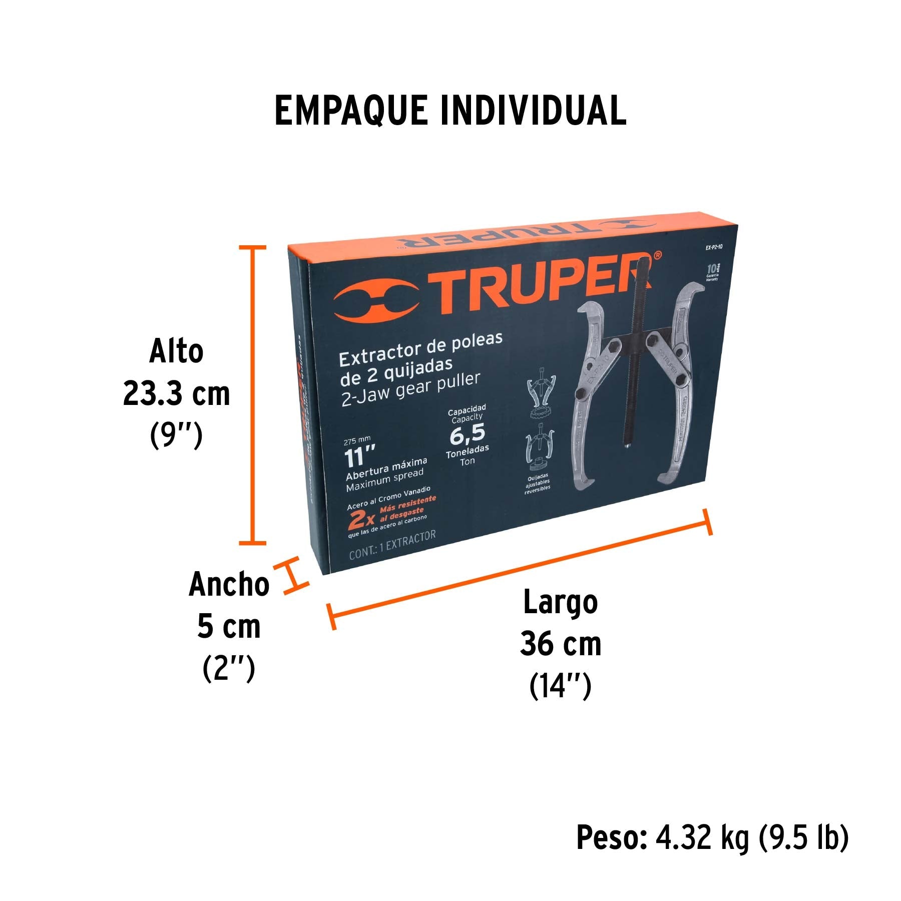 Extractor de poleas, 2 quijadas, 10", TRUPER - Empaque