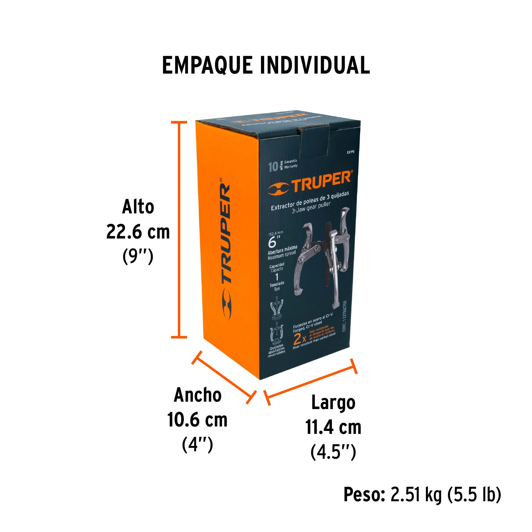 Extractor de poleas, 3 quijadas, 6", TRUPER - Empaque