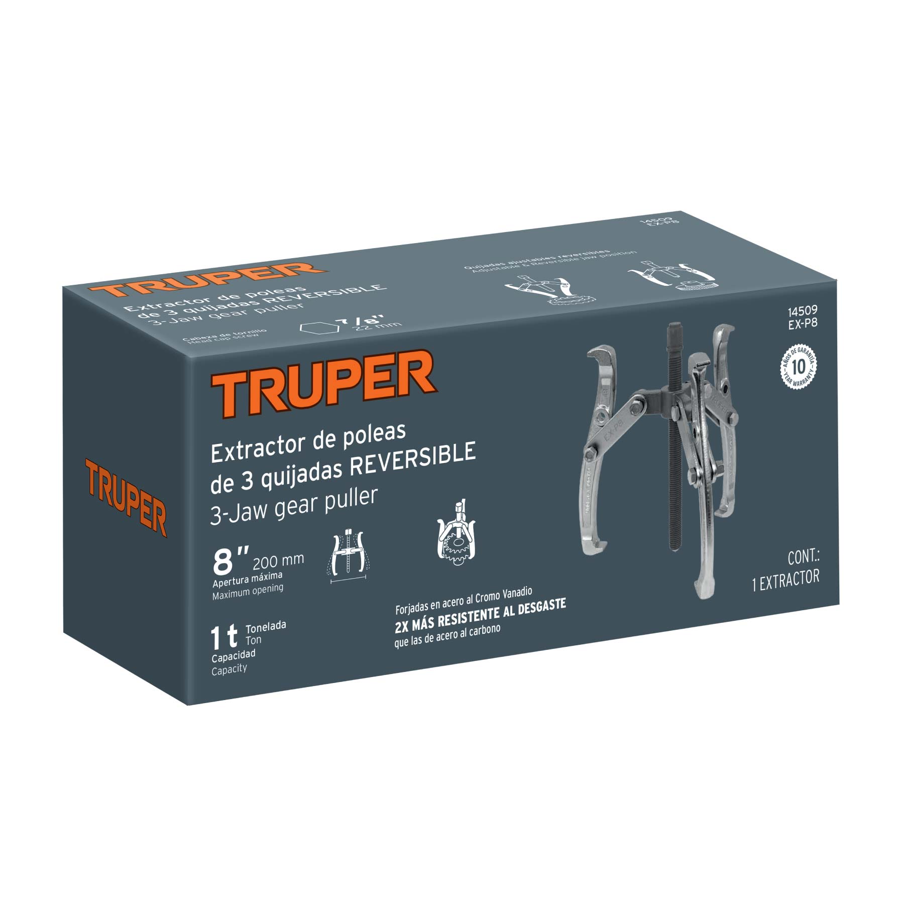 Extractor de poleas, 3 quijadas, 8", TRUPER