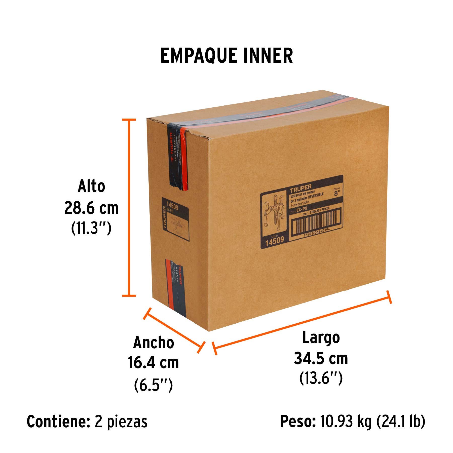 Extractor de poleas, 3 quijadas, 8", TRUPER - Empaque