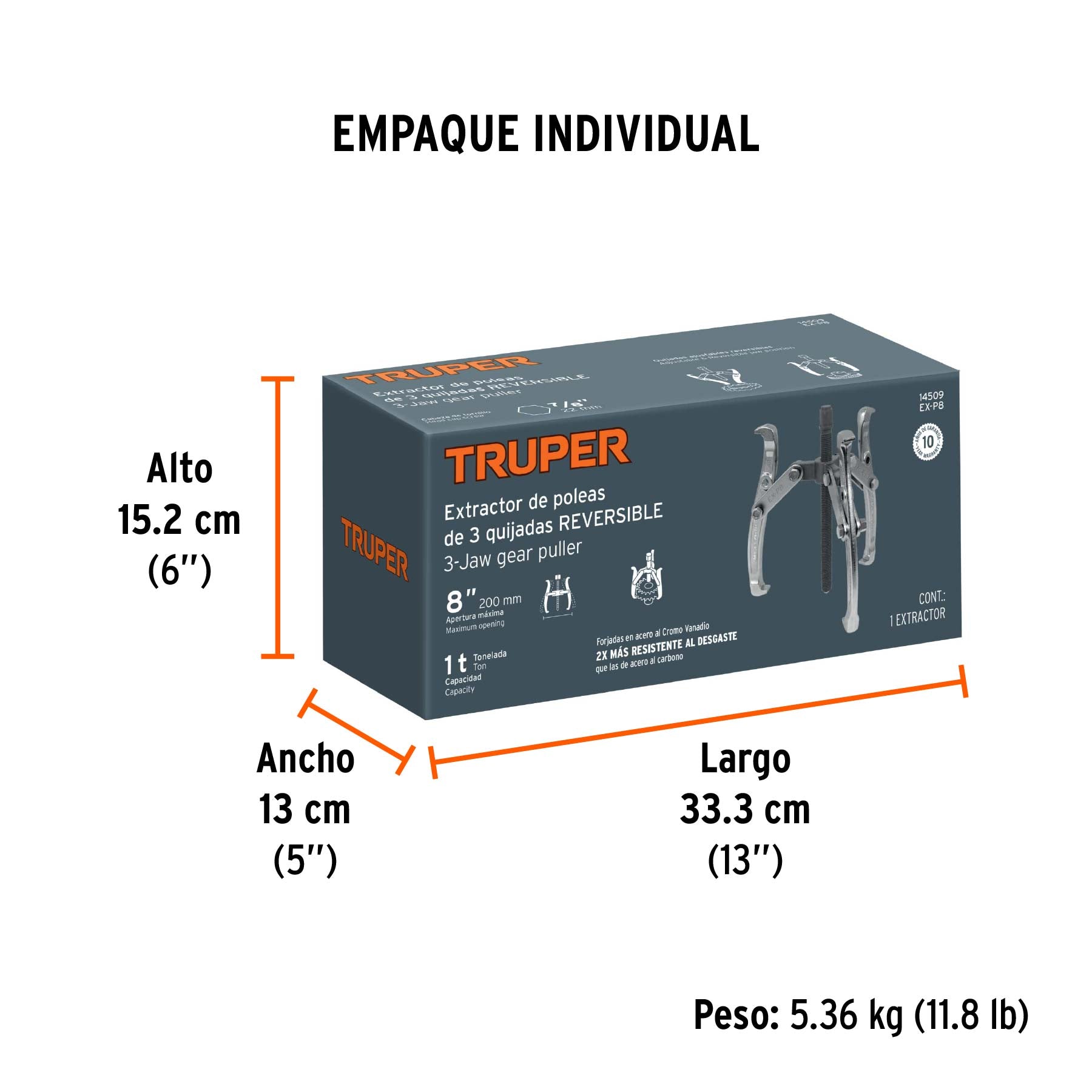 Extractor de poleas, 3 quijadas, 8", TRUPER - Empaque