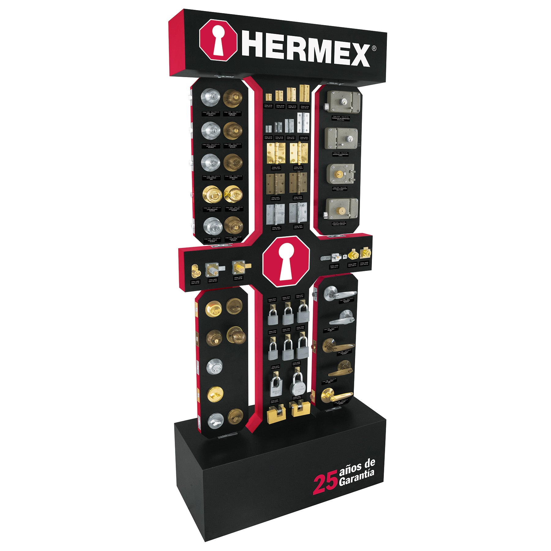 Exhibidor de piso con productos de cerrajería HERMEX