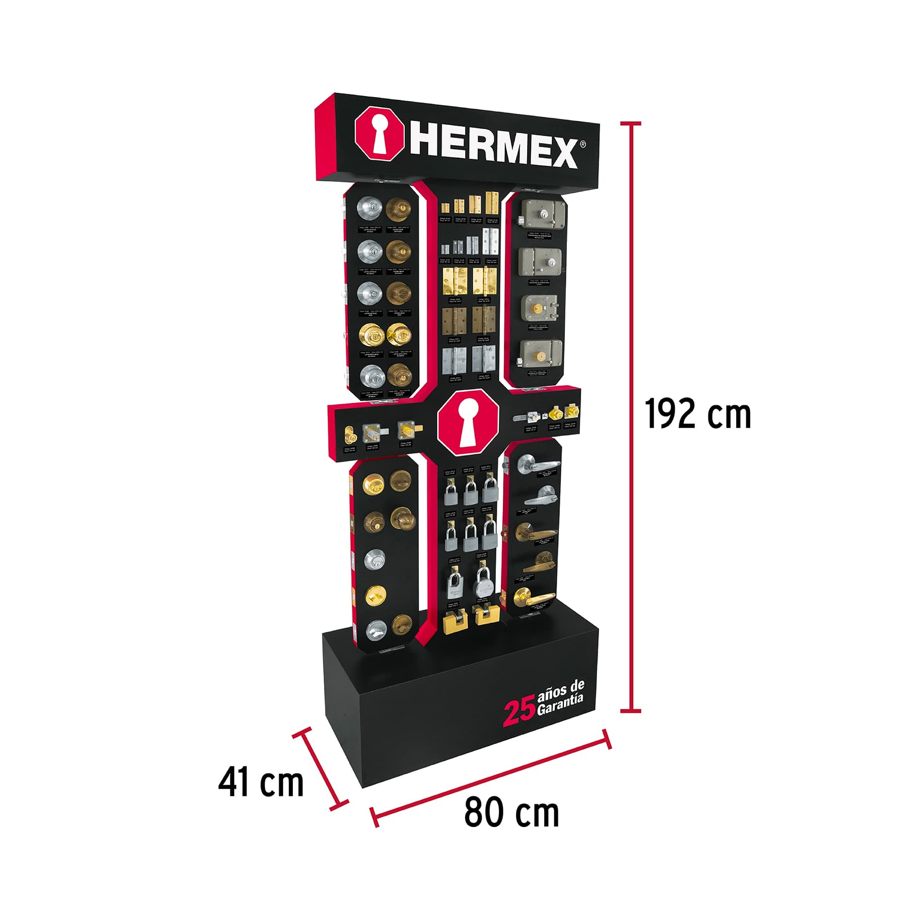 Exhibidor de piso con productos de cerrajería HERMEX
