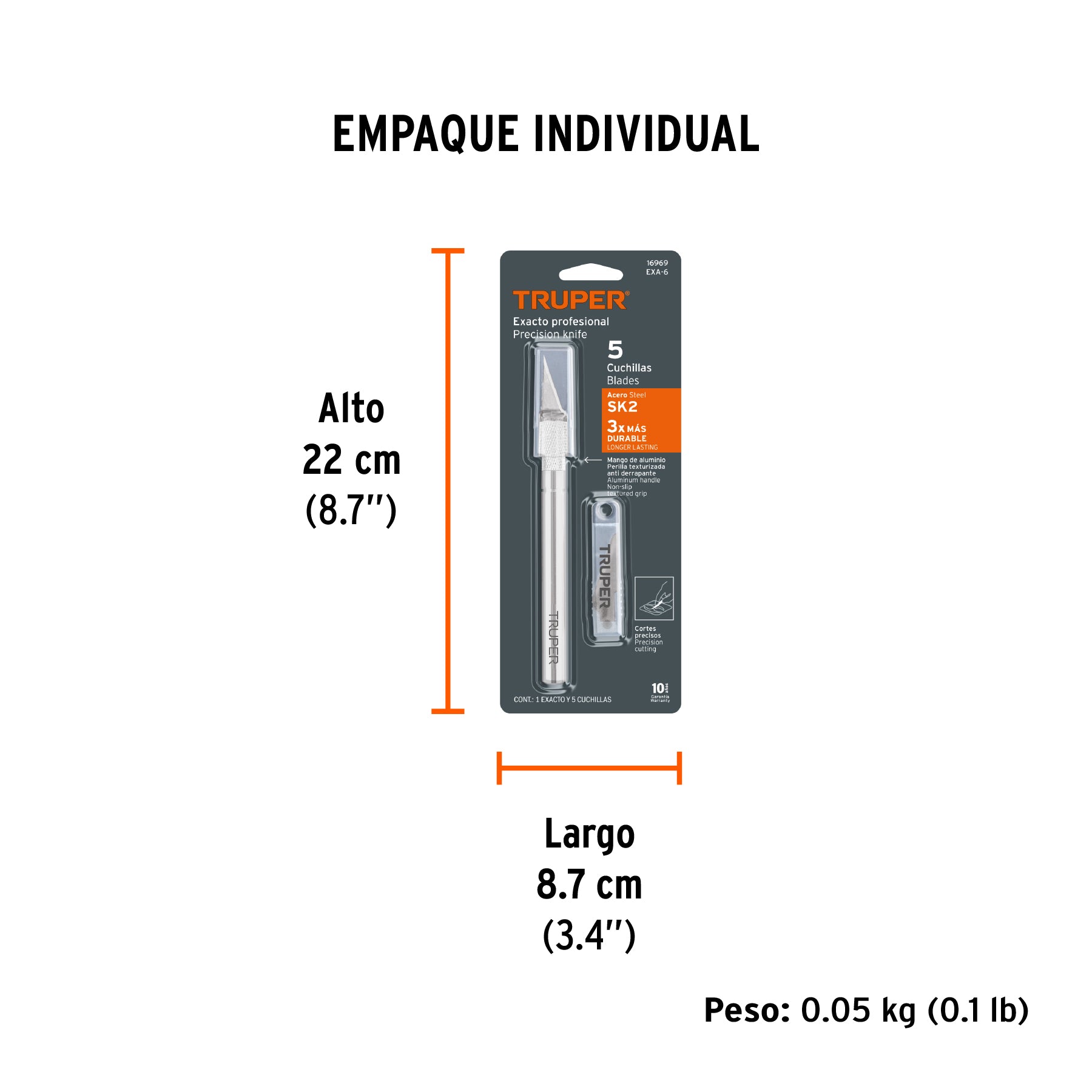 Exacto 6" profesional con 5 cuchillas de acero SK2, TRUPER - Empaque