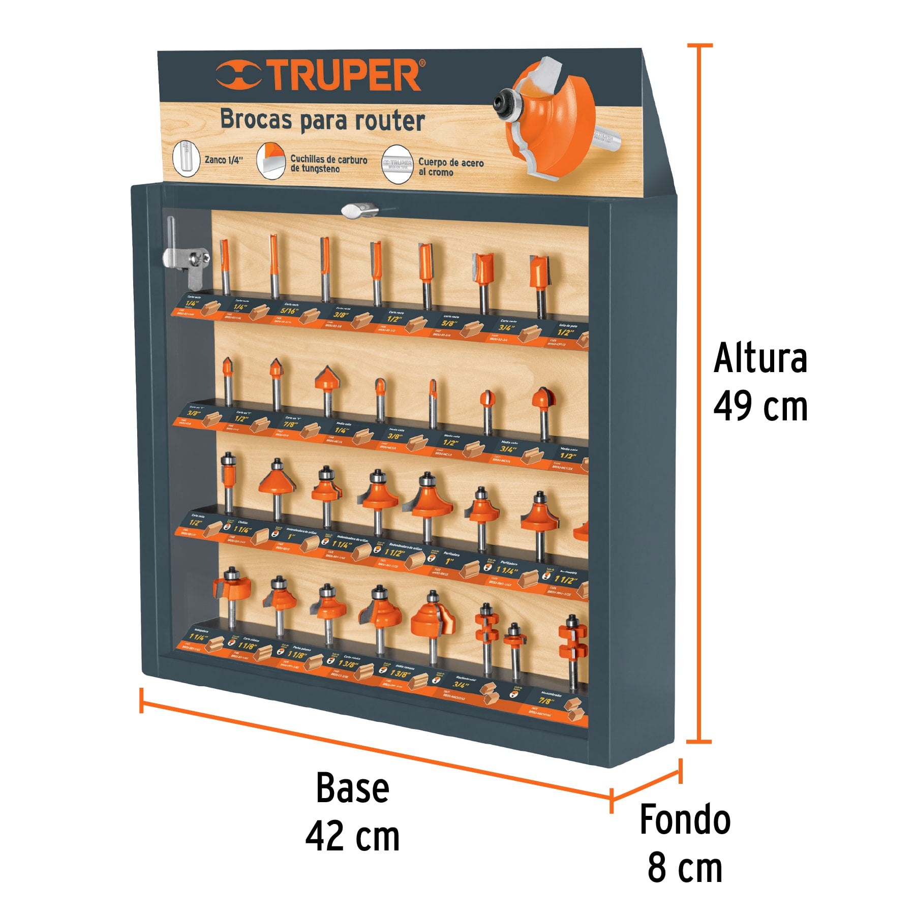 Exhibidor con 30 brocas para router, TRUPER