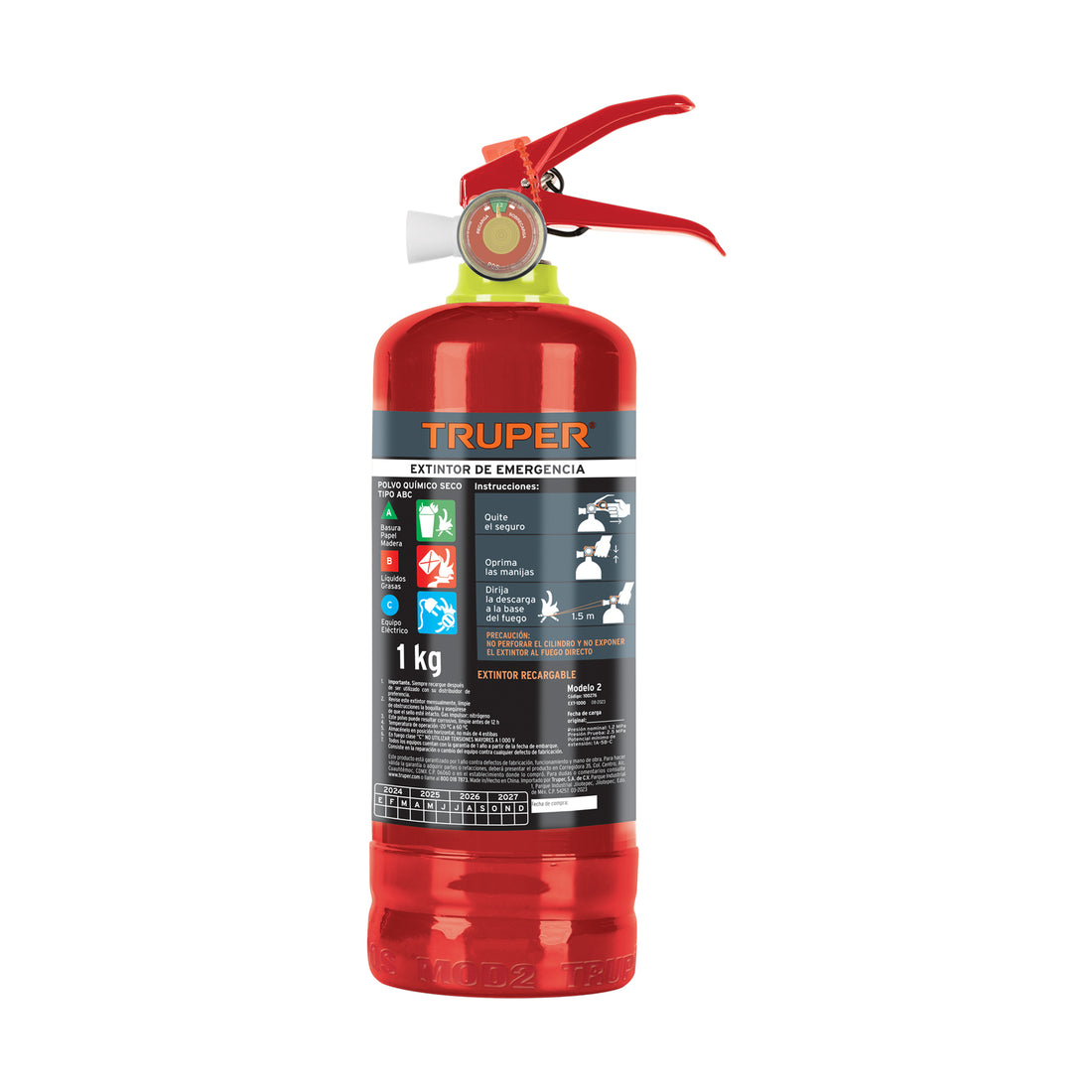 Extintor portátil recargable 1 kg, polvo tipo ABC, TRUPER