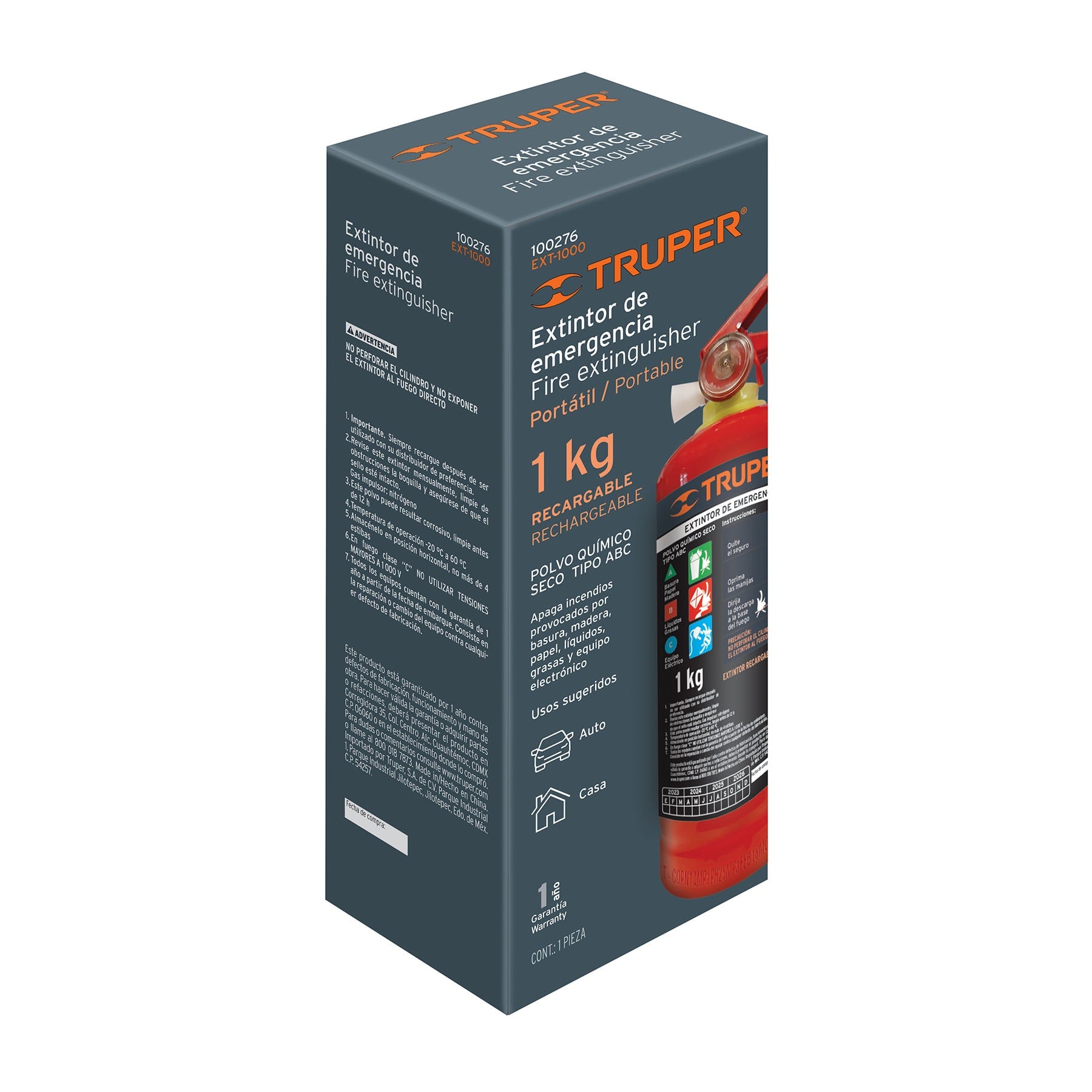 Extintor portátil recargable 1 kg, polvo tipo ABC, TRUPER