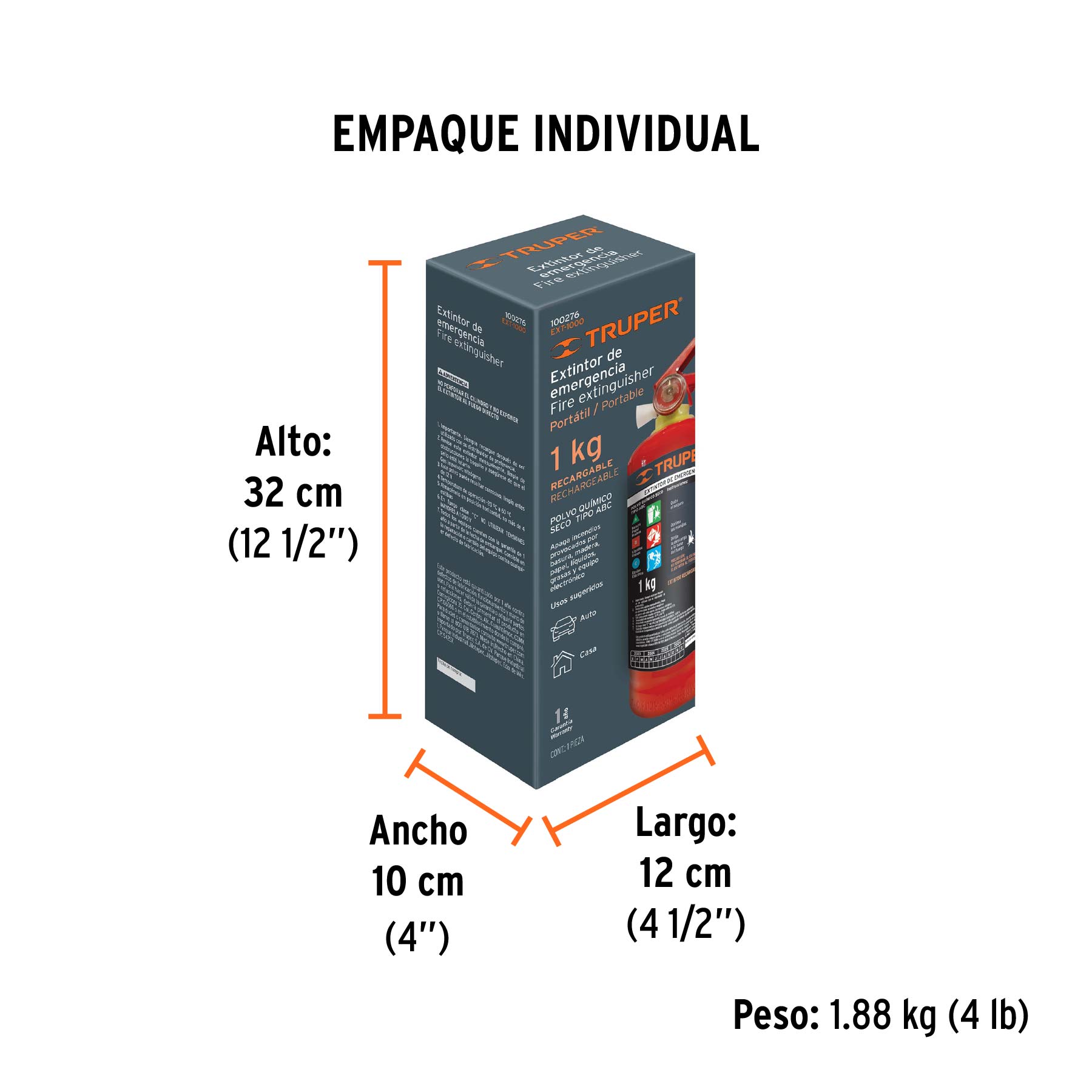 Extintor portátil recargable 1 kg, polvo tipo ABC, TRUPER - Empaque