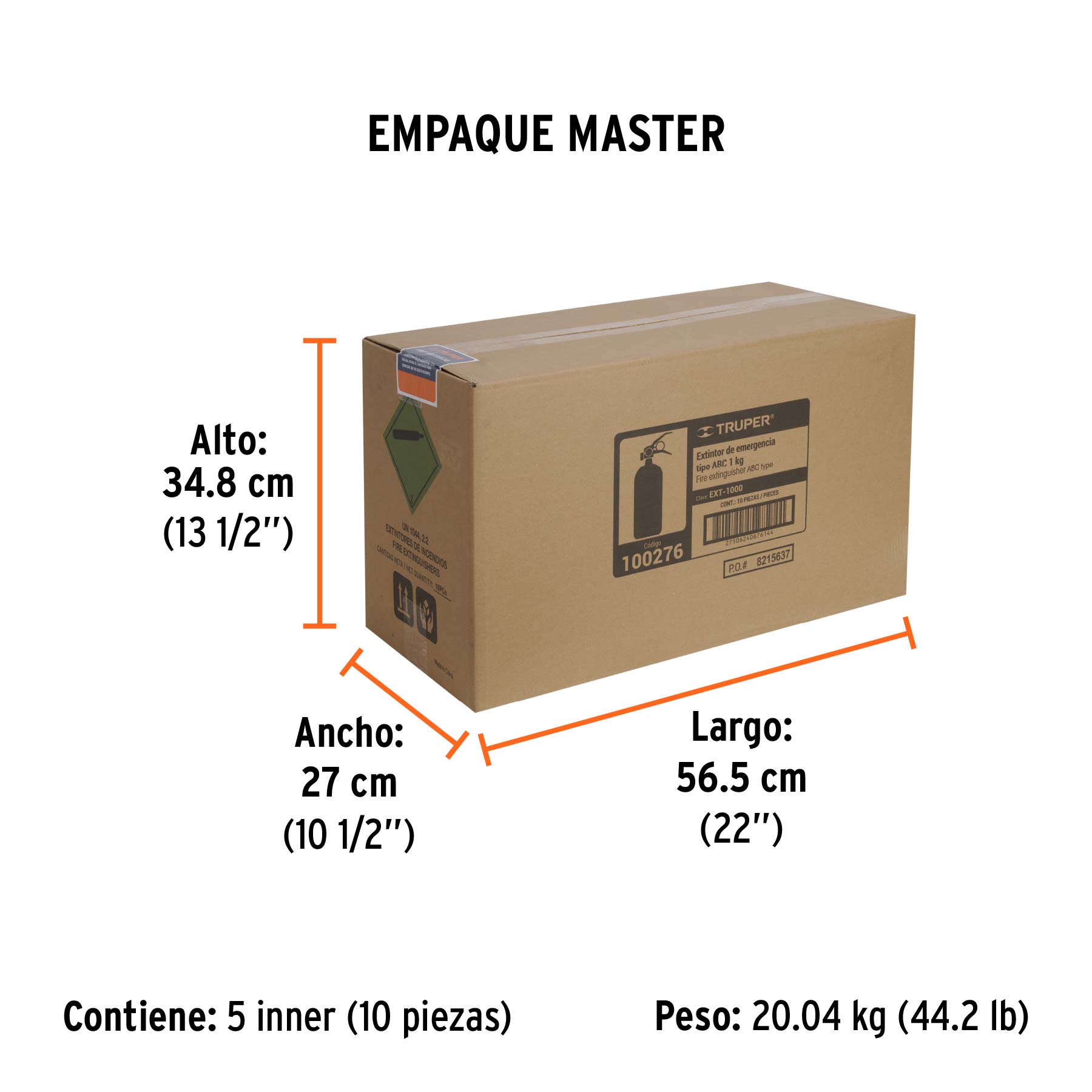 Extintor portátil recargable 1 kg, polvo tipo ABC, TRUPER - Empaque