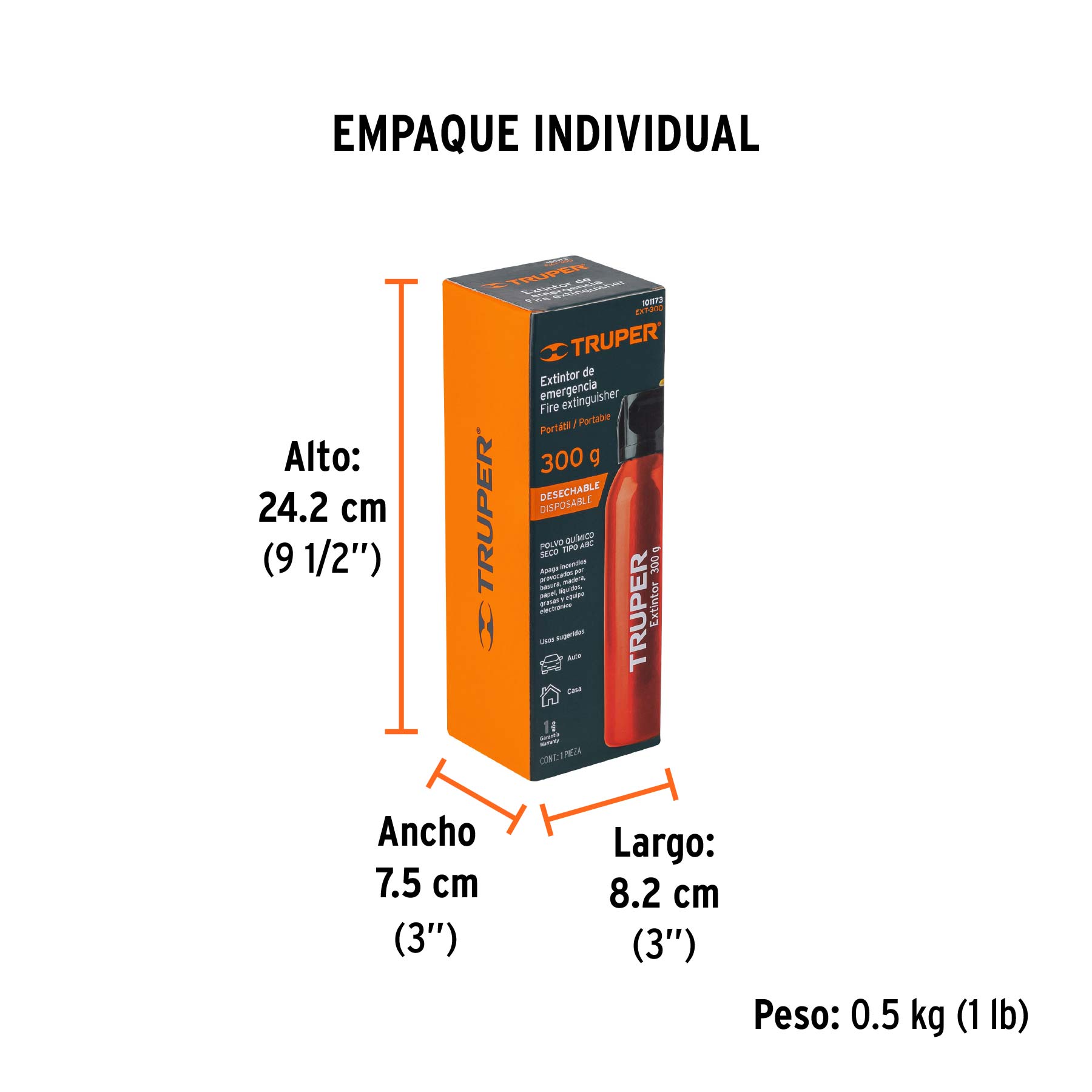 Extintor portátil desechable 300 g, polvo tipo ABC, TRUPER - Empaque