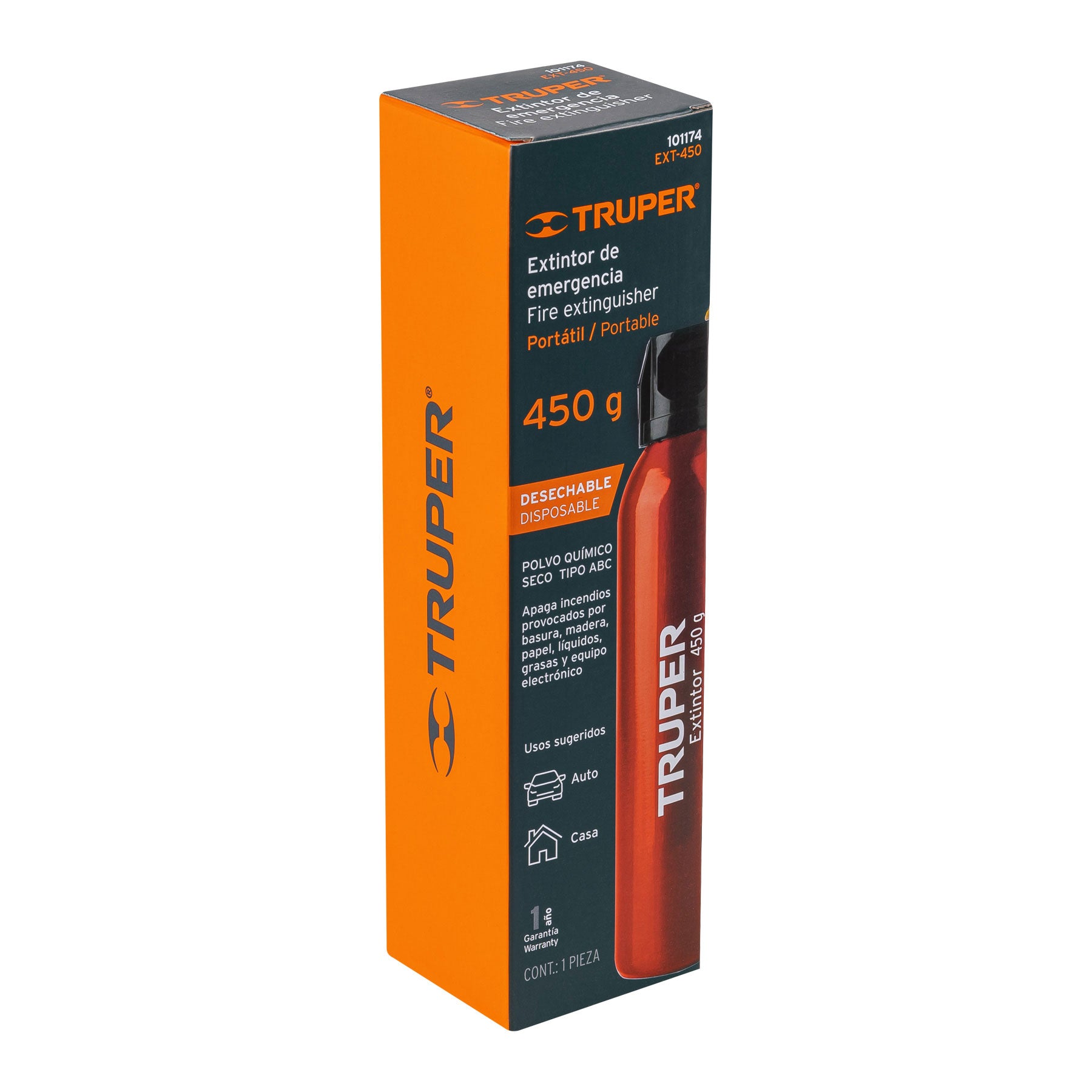 Extintor portátil desechable 450 g, polvo tipo ABC, TRUPER