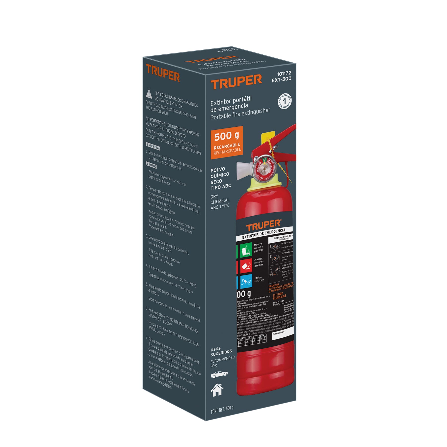 Extintor portátil recargable 0.5 kg, polvo tipo ABC, TRUPER