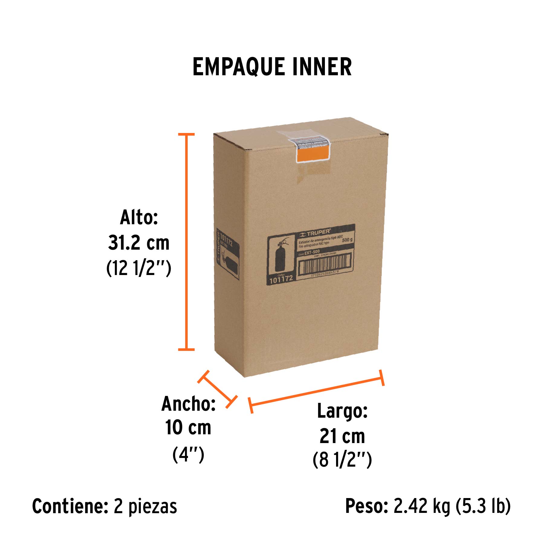 Extintor portátil recargable 0.5 kg, polvo tipo ABC, TRUPER - Empaque