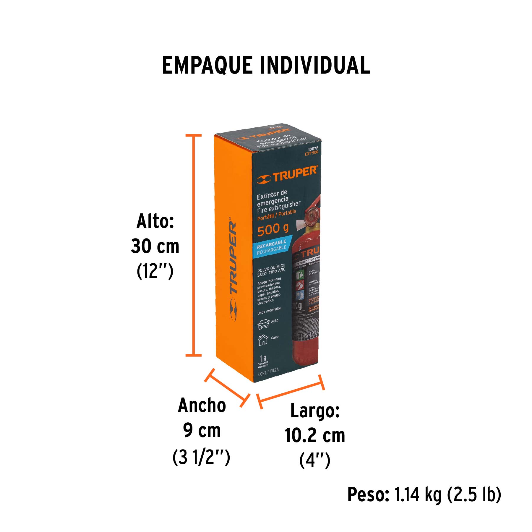 Extintor portátil recargable 0.5 kg, polvo tipo ABC, TRUPER - Empaque