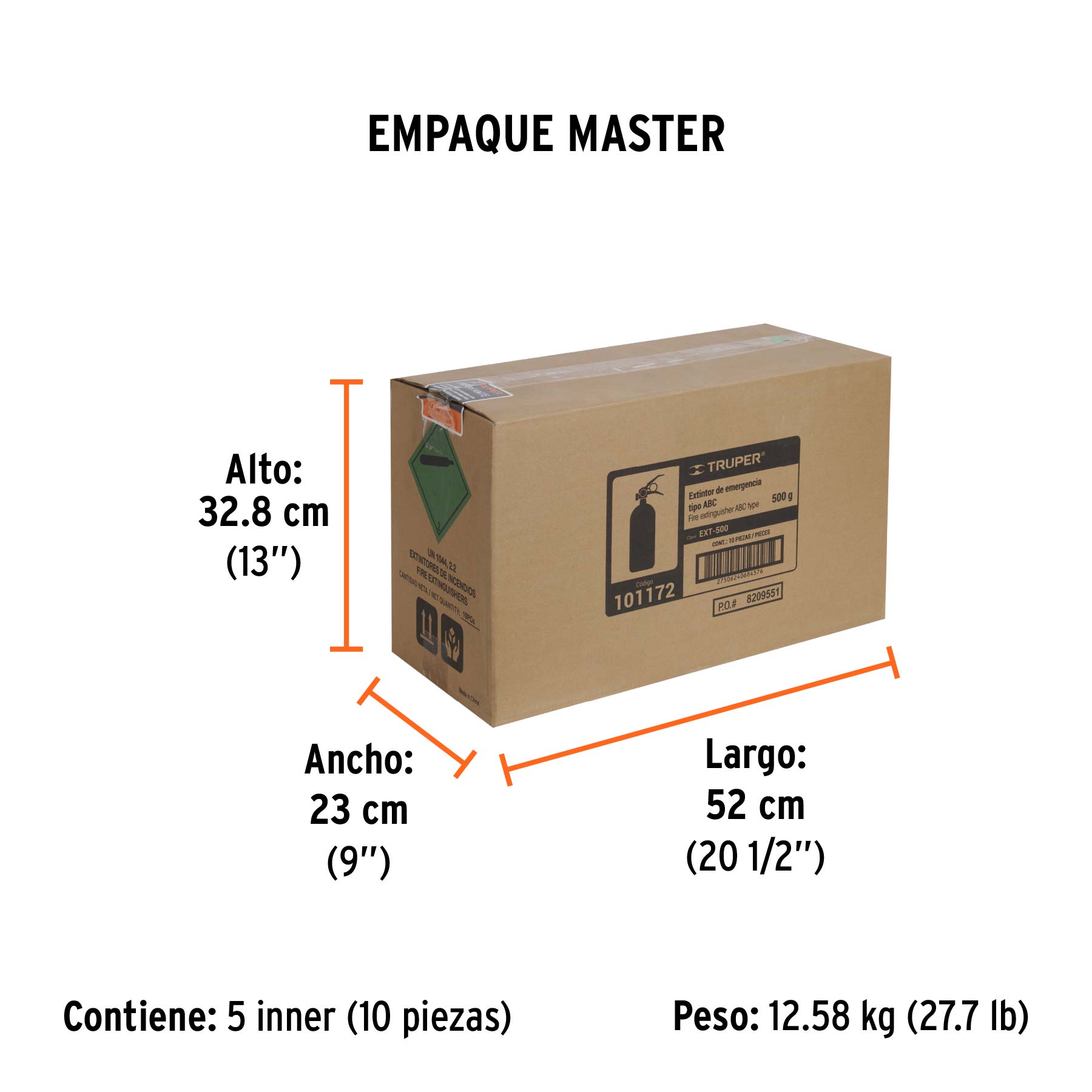 Extintor portátil recargable 0.5 kg, polvo tipo ABC, TRUPER - Empaque