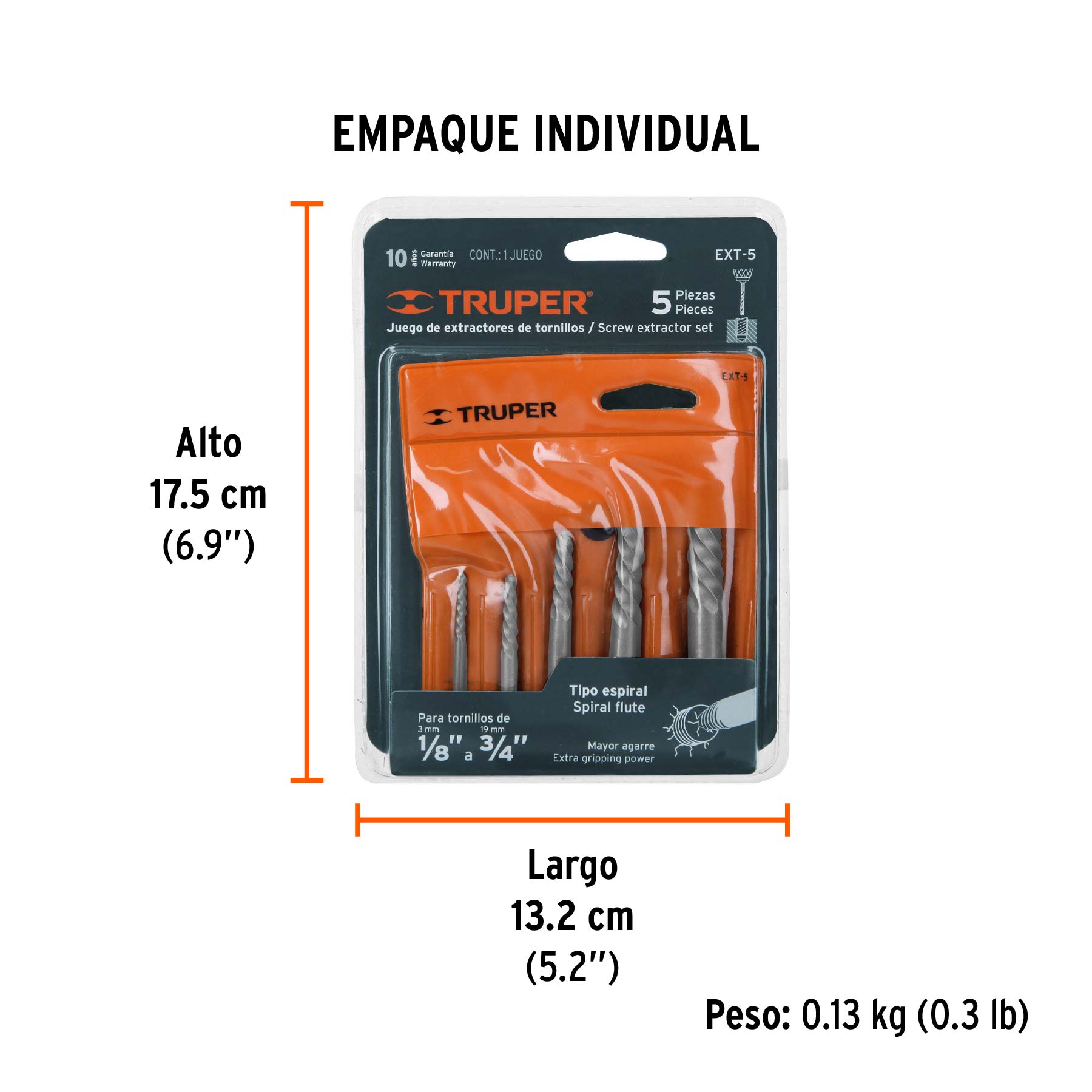 Juego con 5 extractores de tornillos, TRUPER - Empaque