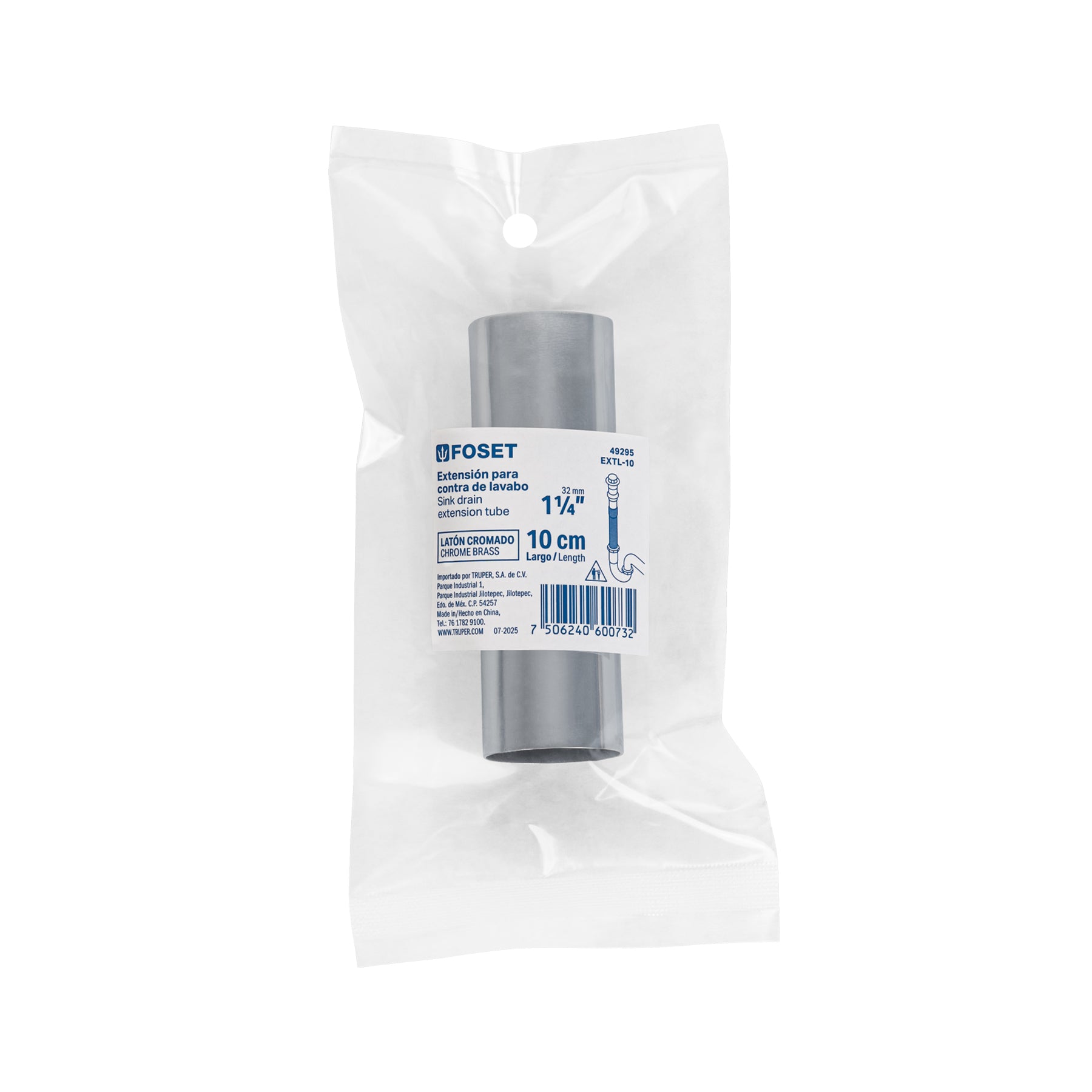 Extensión 10 cm latón cromado para contra de lavabo, 1-1/4"