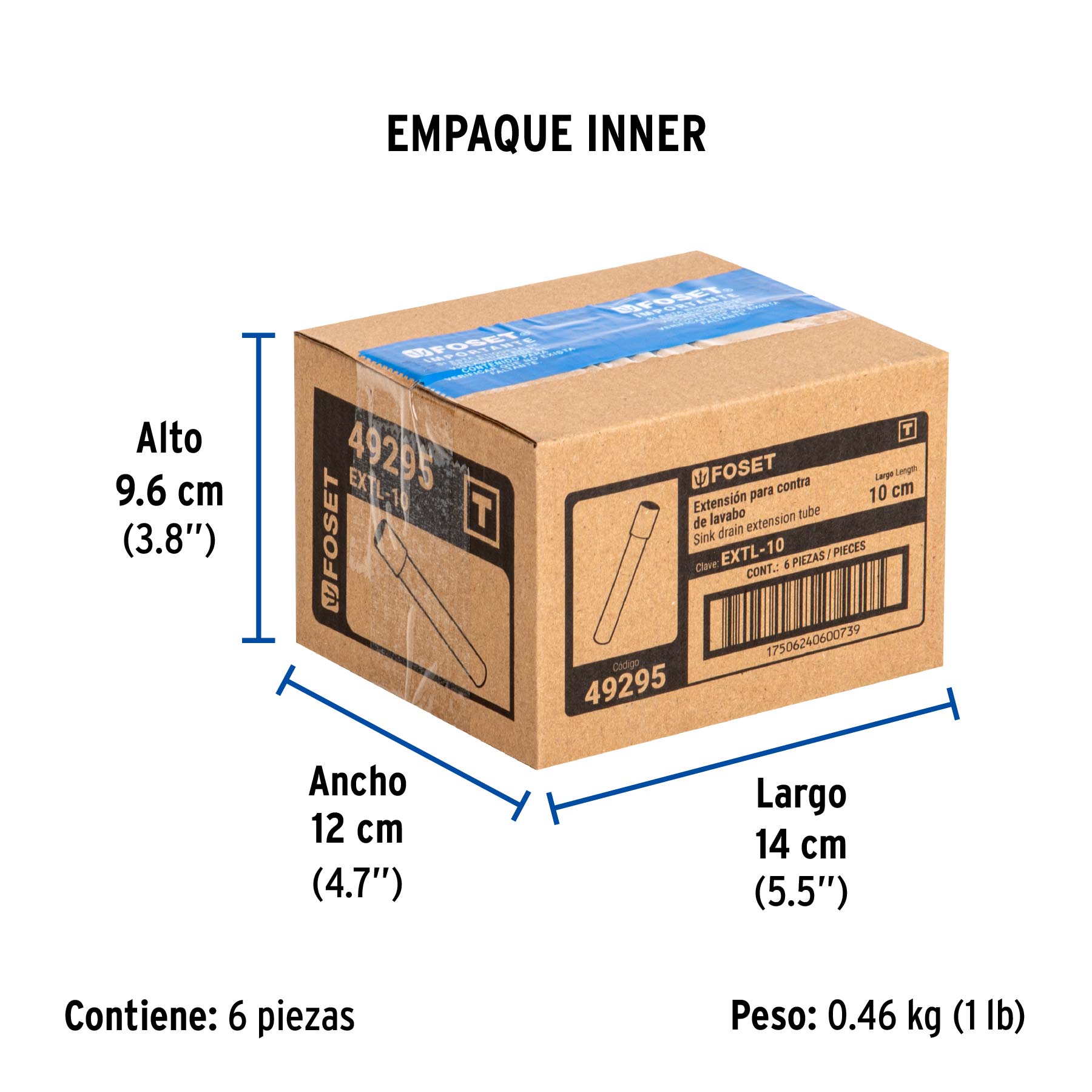 Extensión 10 cm latón cromado para contra de lavabo, 1-1/4" - Empaque