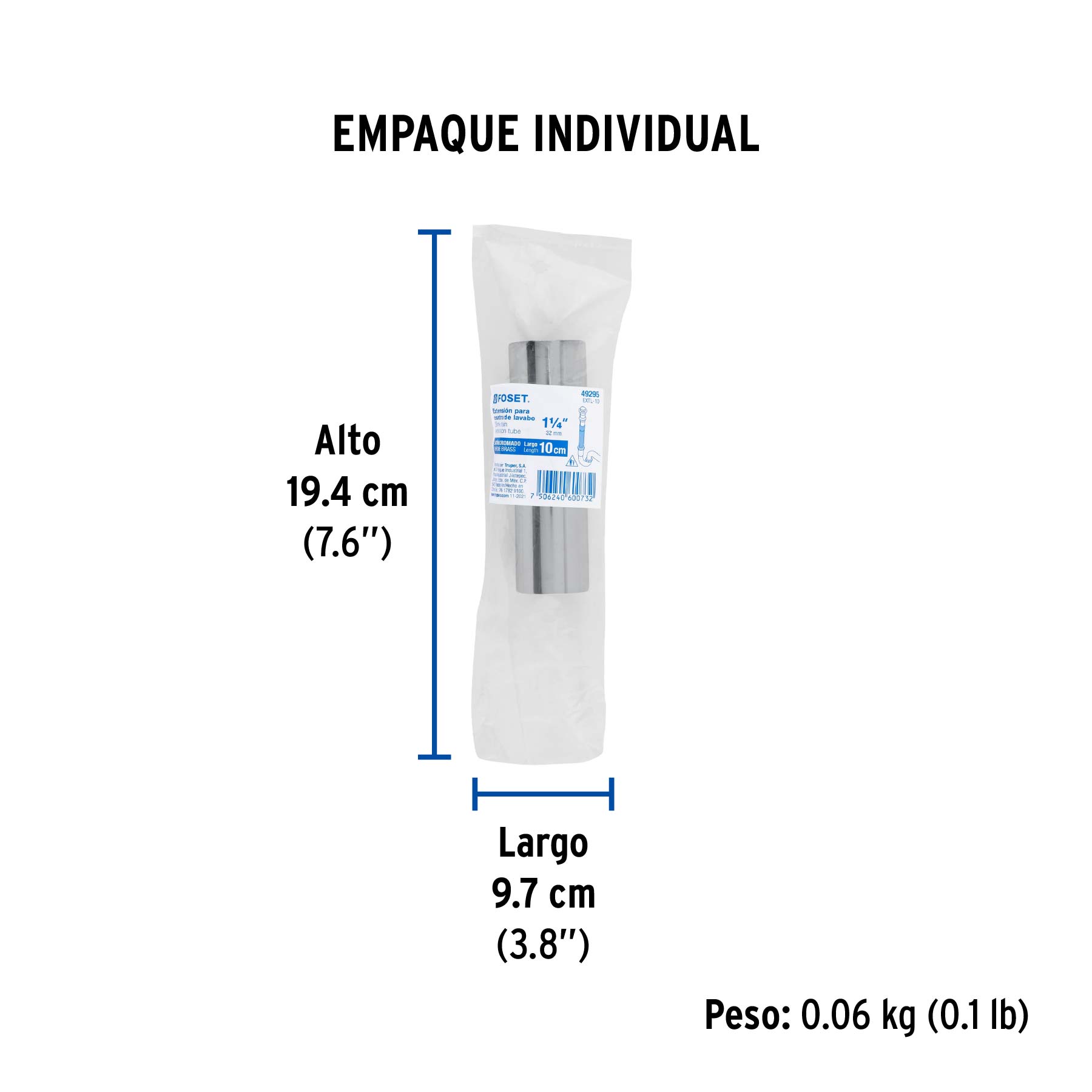 Extensión 10 cm latón cromado para contra de lavabo, 1-1/4" - Empaque