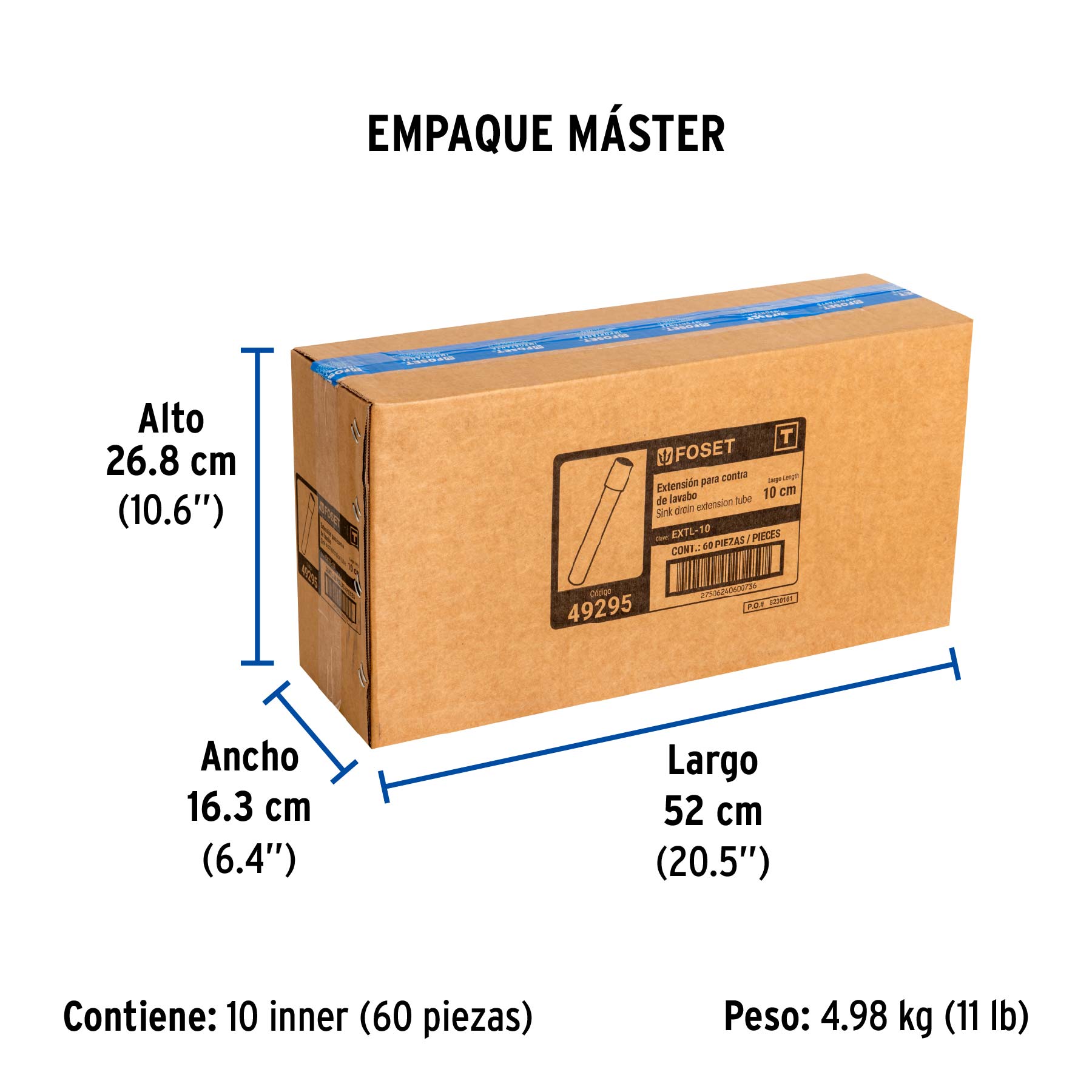 Extensión 10 cm latón cromado para contra de lavabo, 1-1/4" - Empaque