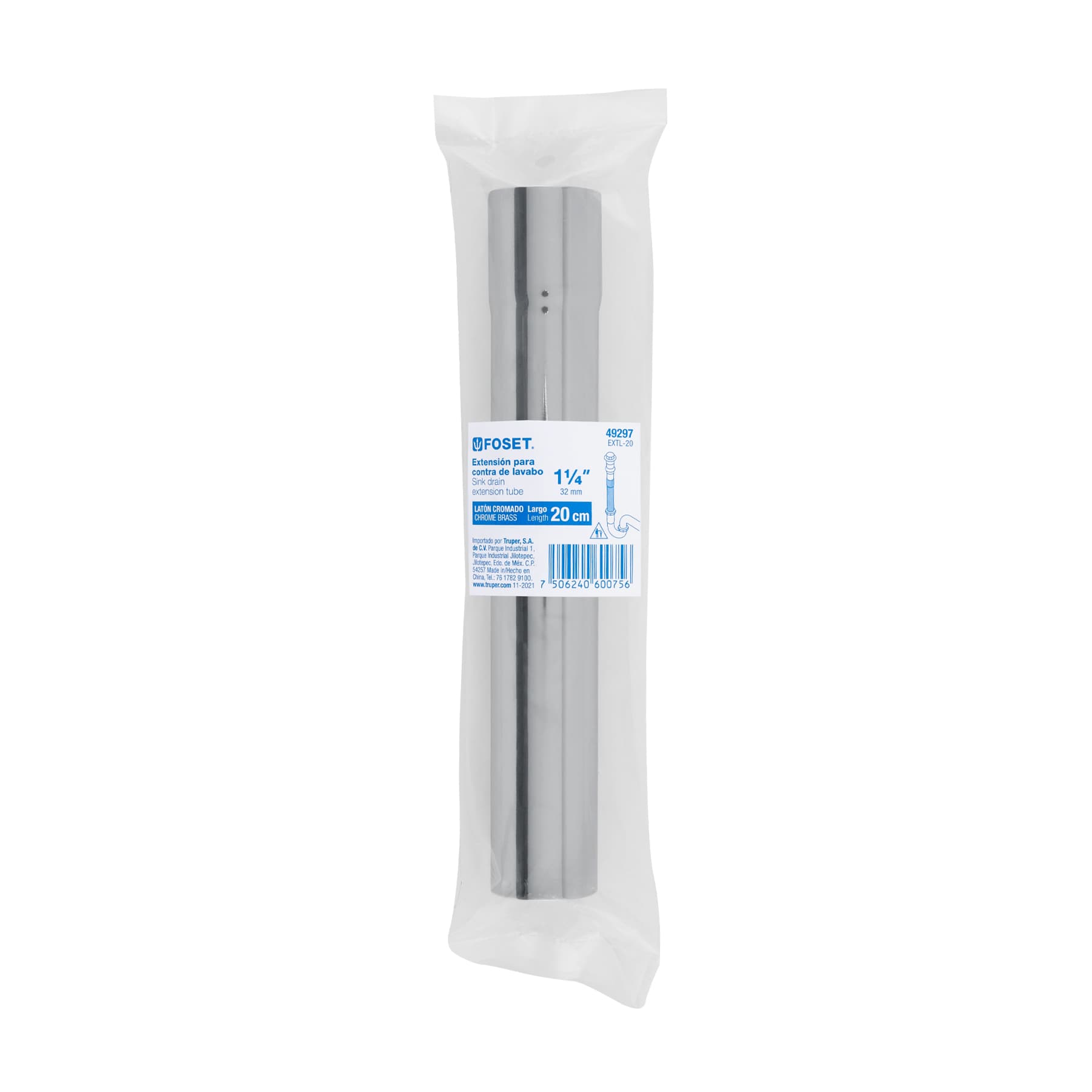 Extensión 20 cm latón cromado para contra de lavabo, 1-1/4"