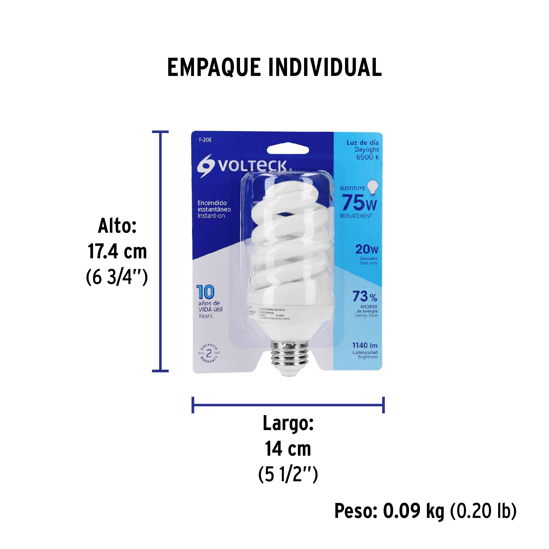 Lámpara espiral T4 20 W luz de día en blíster, VOLTECK - Empaque