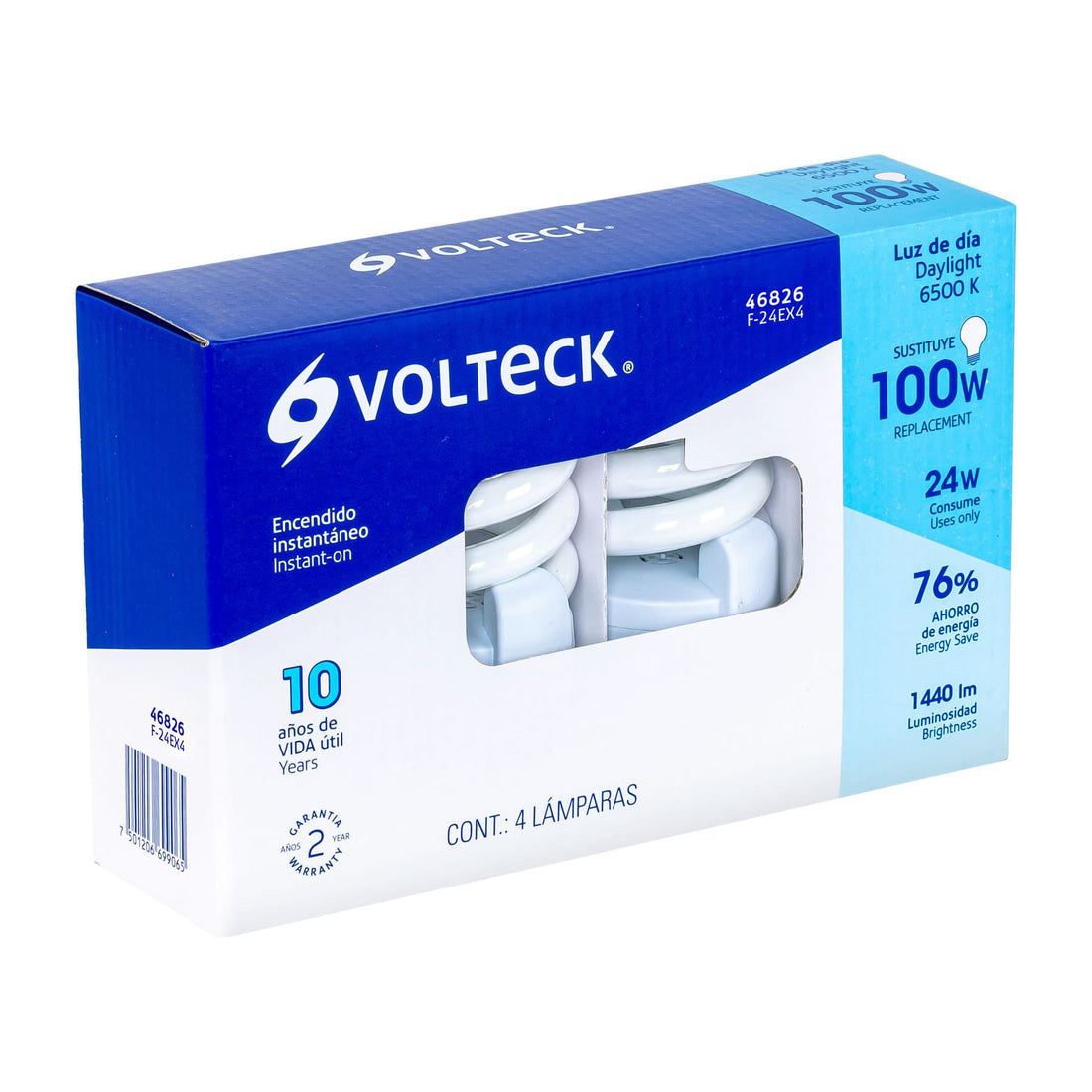 Pack 4 lámparas espiral T4 24 W luz de día, caja, VOLTECK