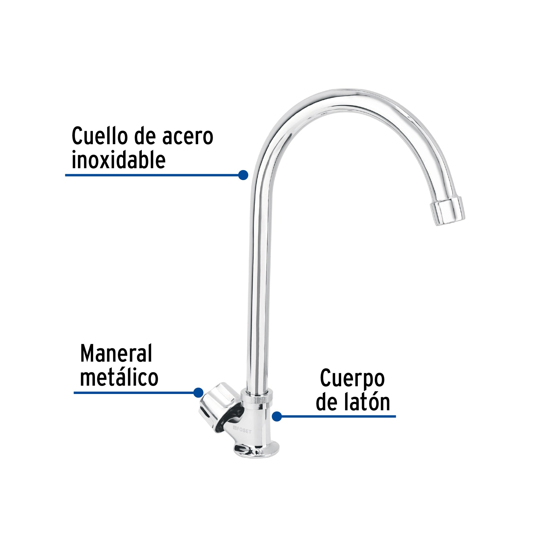 Llave individual fregadero, cuello curvo, hexagonal, BASIC