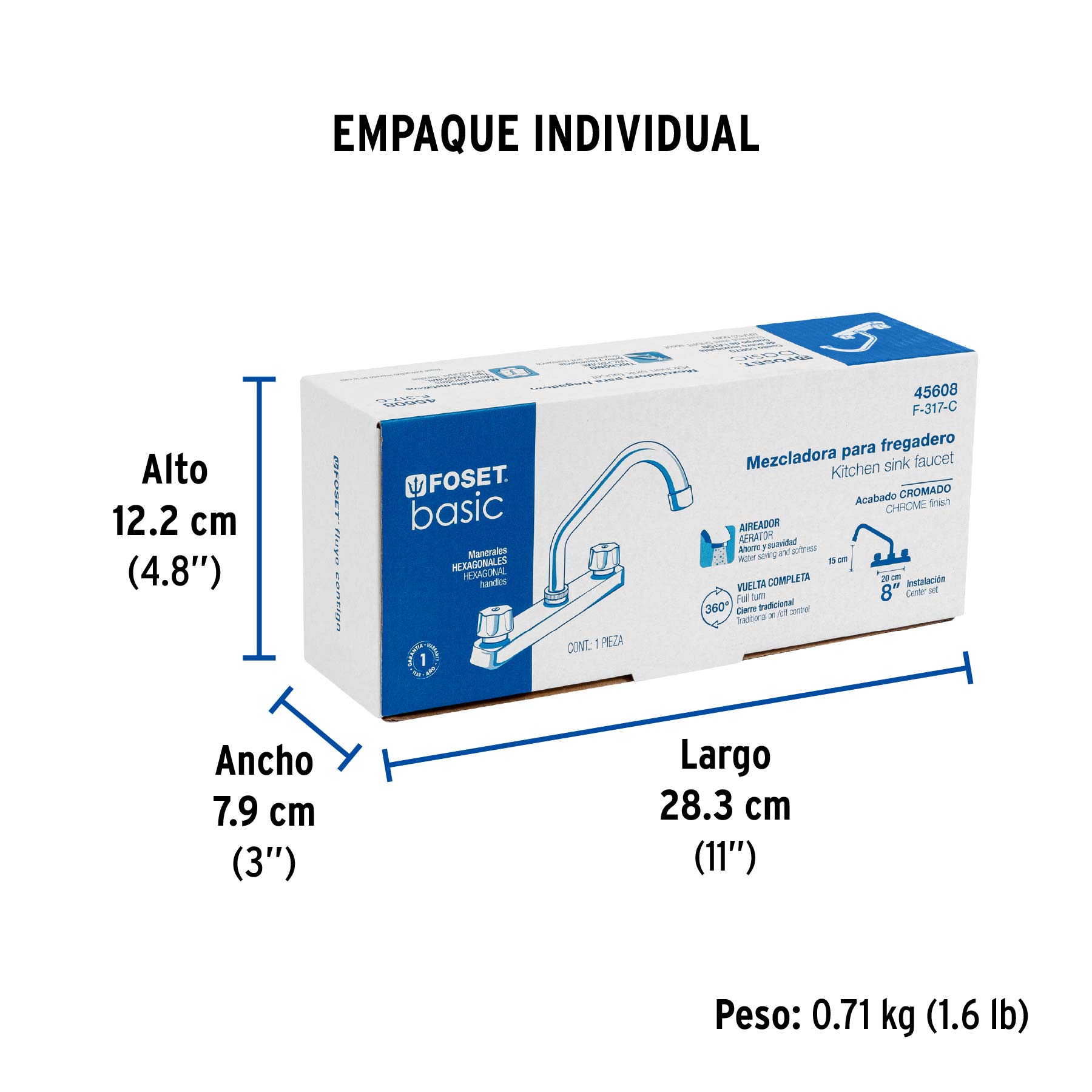 Mezcladora 8" fregadero cromo, cuello corto,compresión,BASIC - Empaque