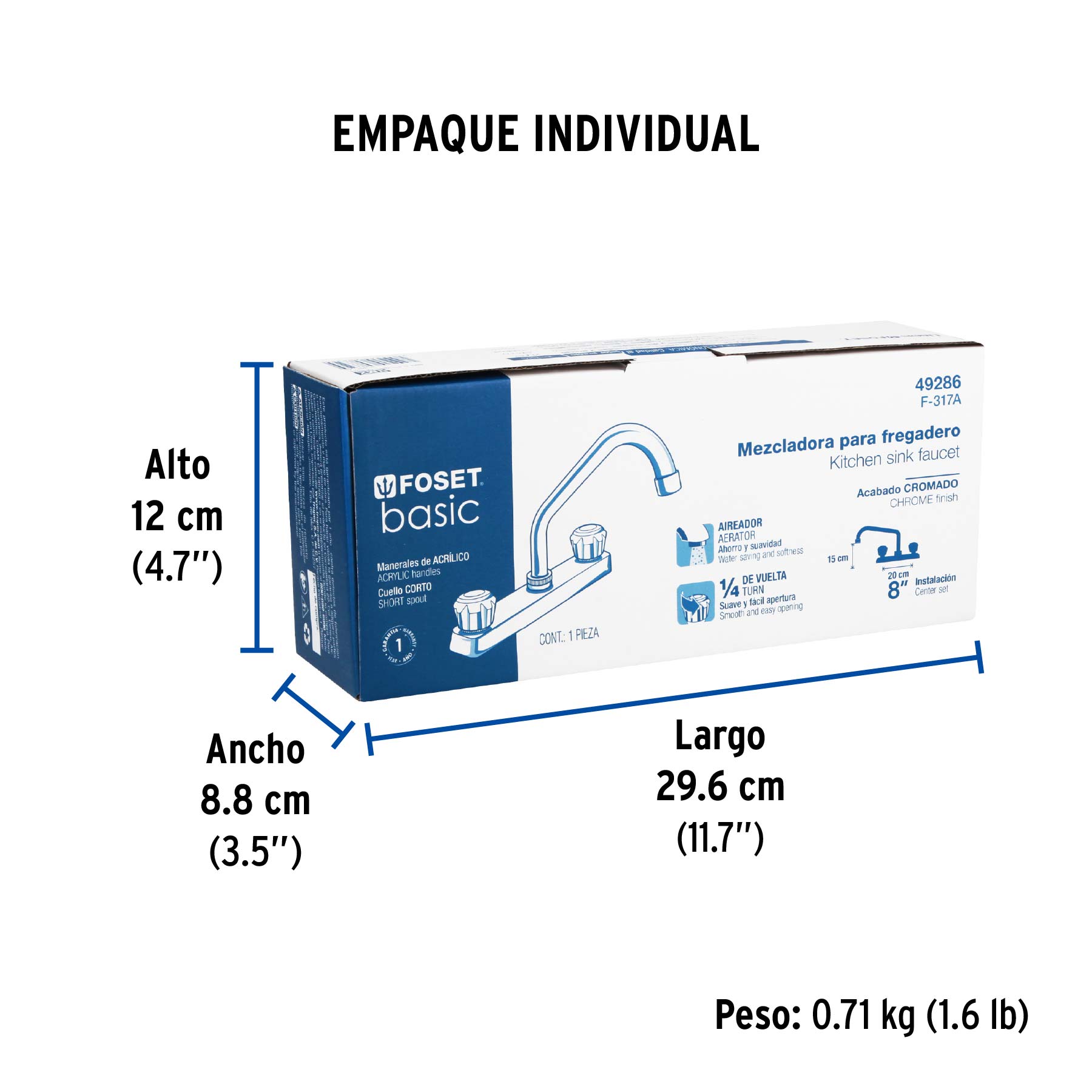 Mezcladora 8" fregadero cromo, cuello corto, acrílico, BASIC - Empaque