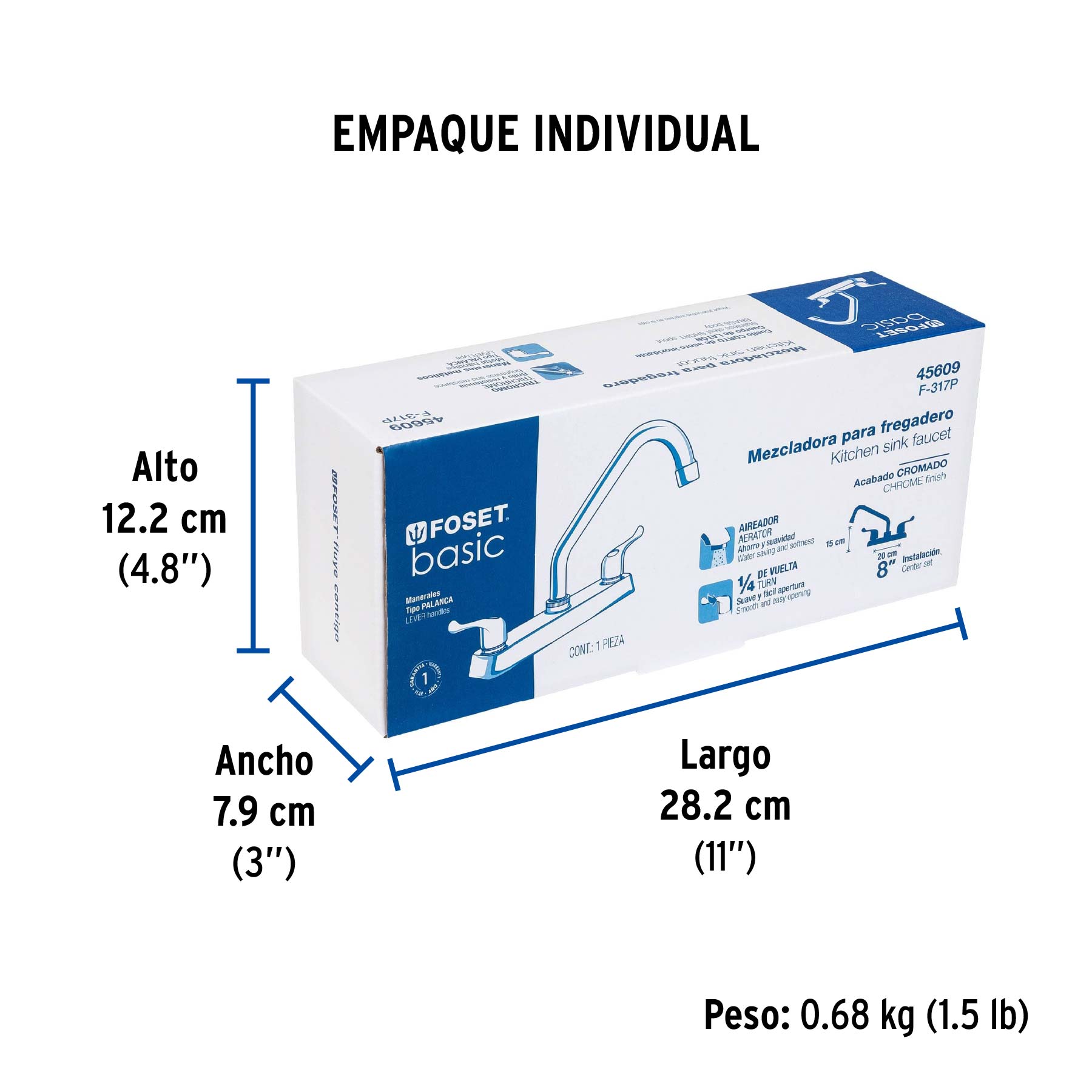 Mezcladora 8" fregadero cromo, cuello corto, palanca, BASIC - Empaque