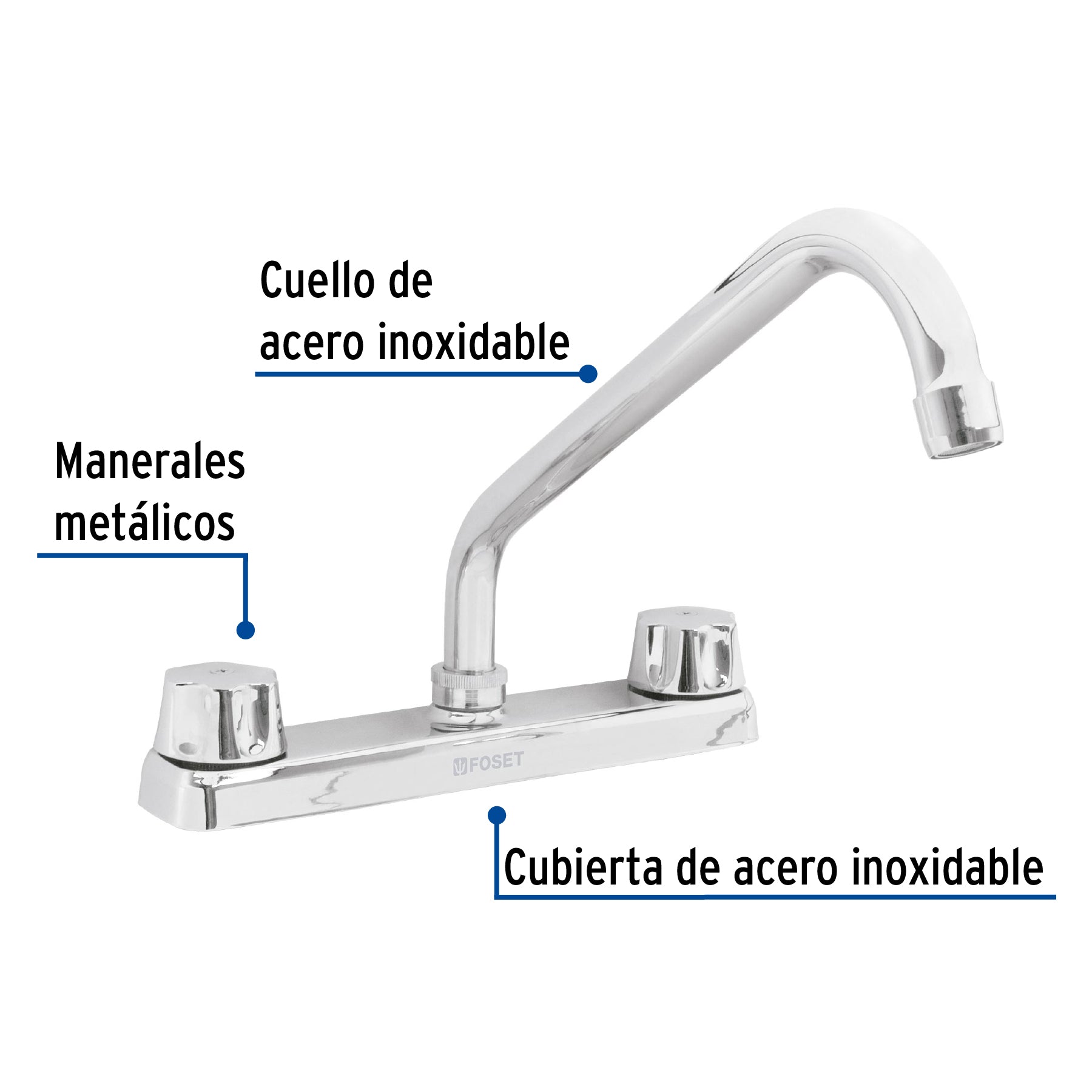 Mezcladora 8" fregadero cromo, cuello largo,compresión,BASIC