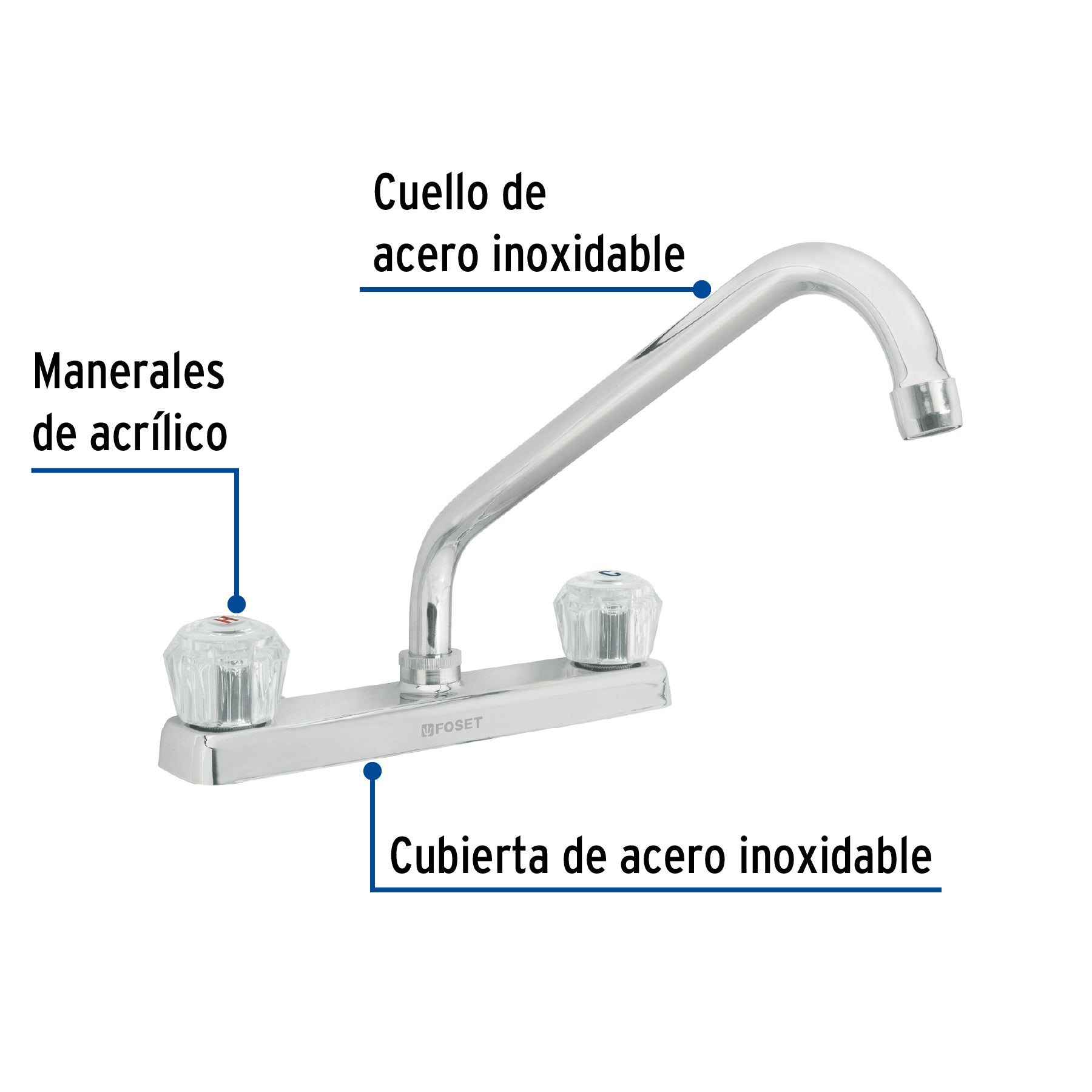 Mezcladora 8" fregadero cromo, cuello largo, acrílico, BASIC