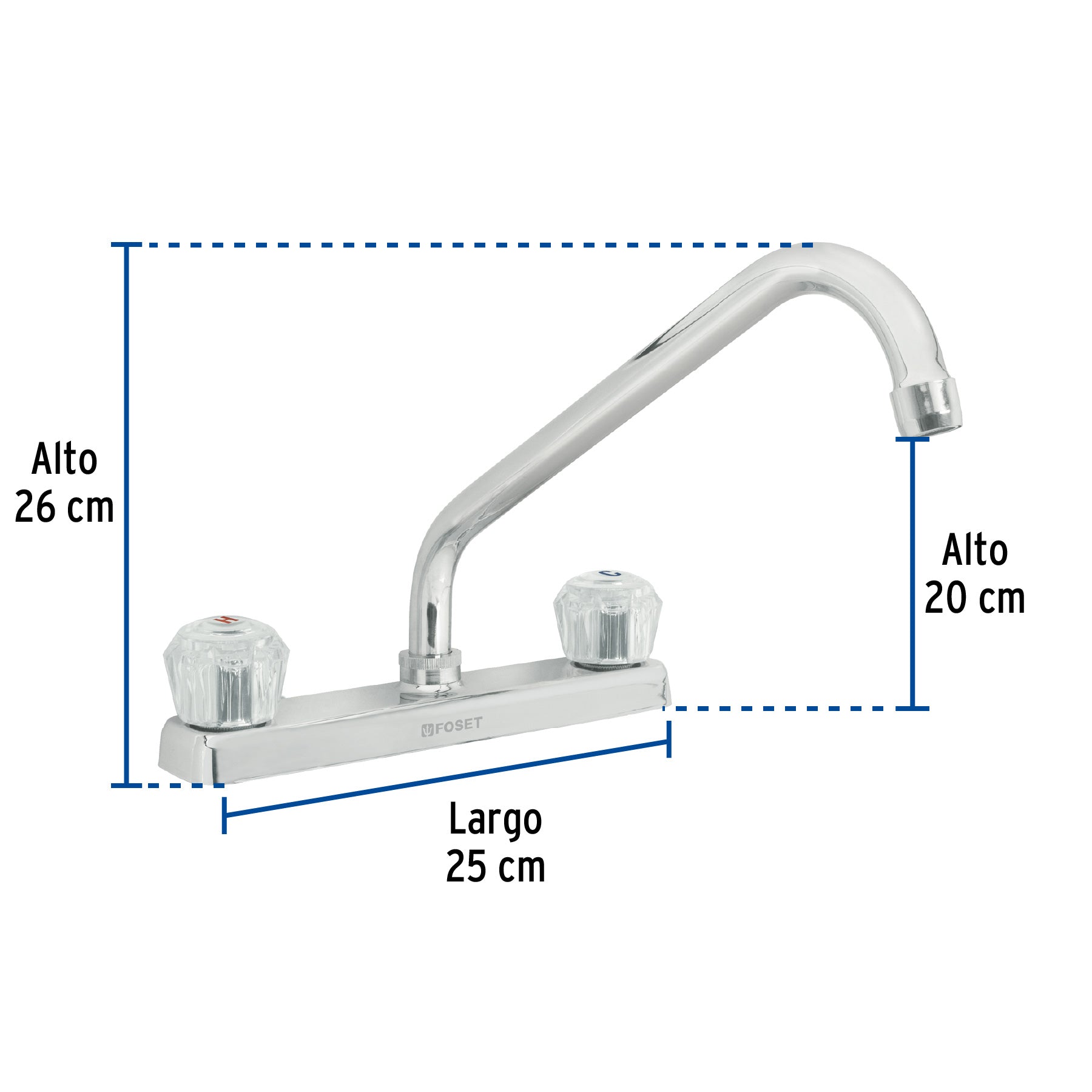 Mezcladora 8" fregadero cromo, cuello largo, acrílico, BASIC