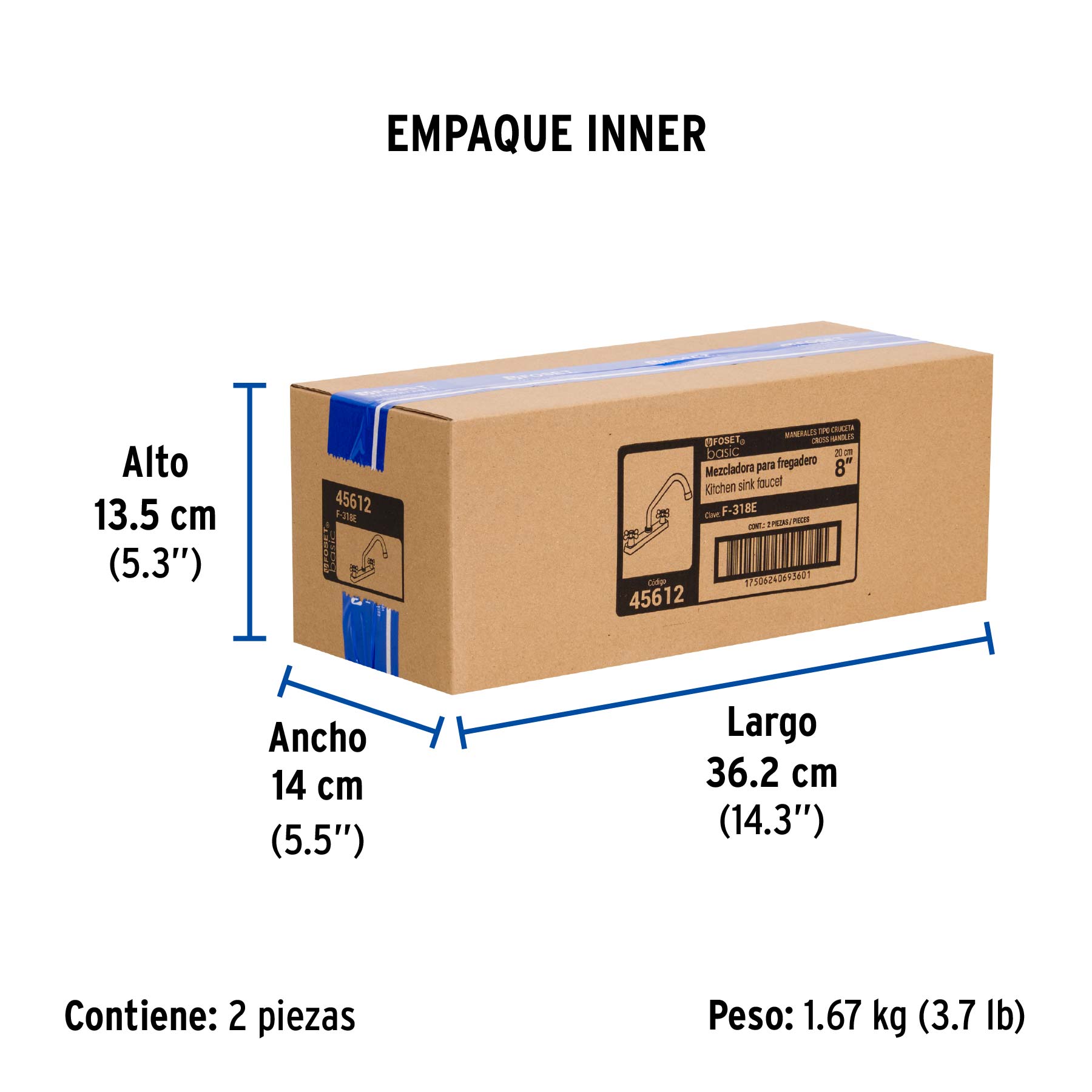 Mezcladora 8" fregadero cromo, cuello largo, cruceta, BASIC - Empaque