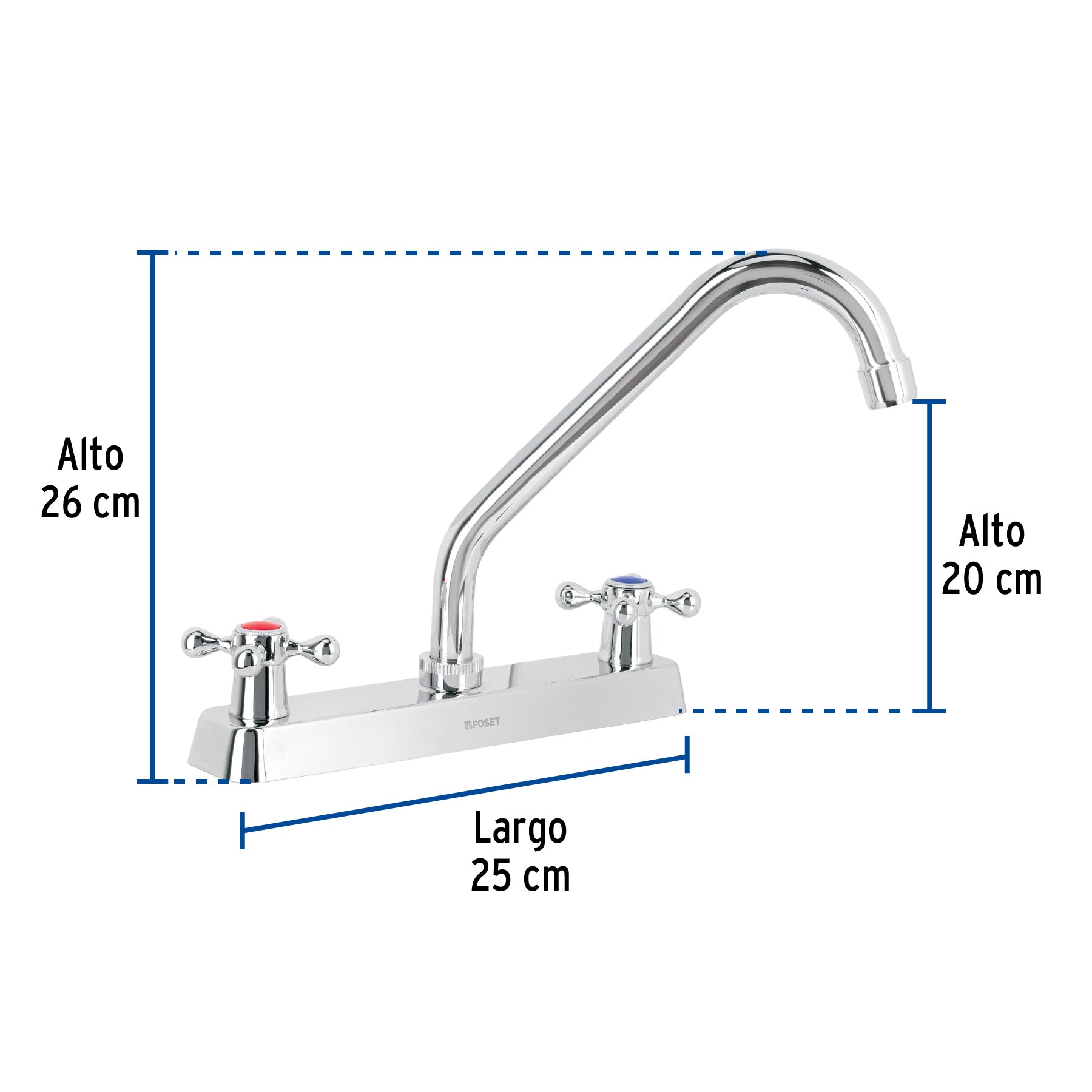 Mezcladora 8" fregadero cromo, cuello largo, cruceta, BASIC