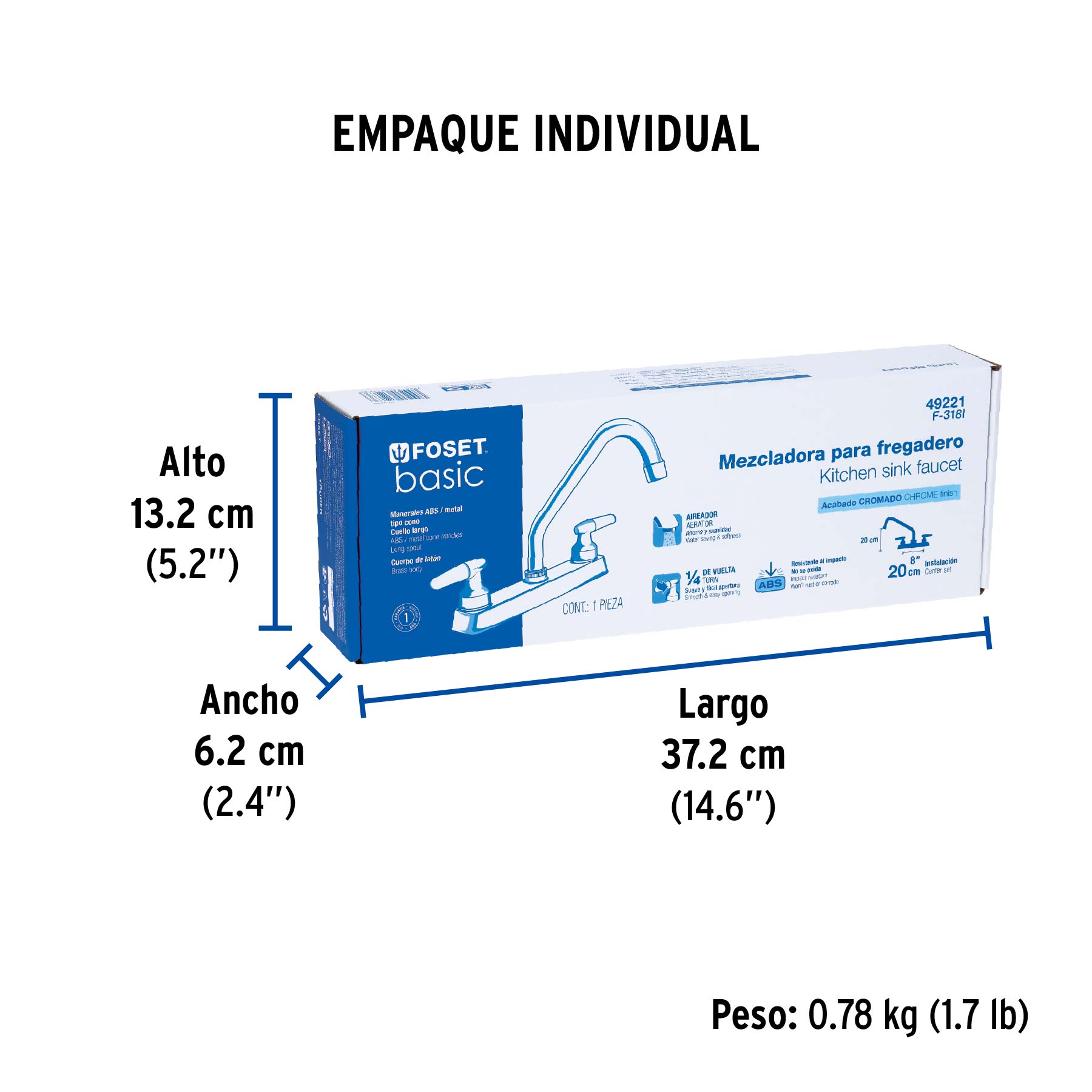 Mezcladora 8" fregadero cromo, cuello largo, cono, BASIC - Empaque