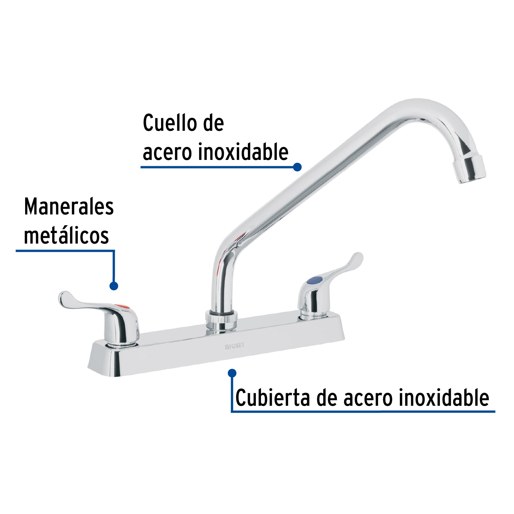 Mezcladora 8" fregadero cromo, cuello largo, palanca, BASIC