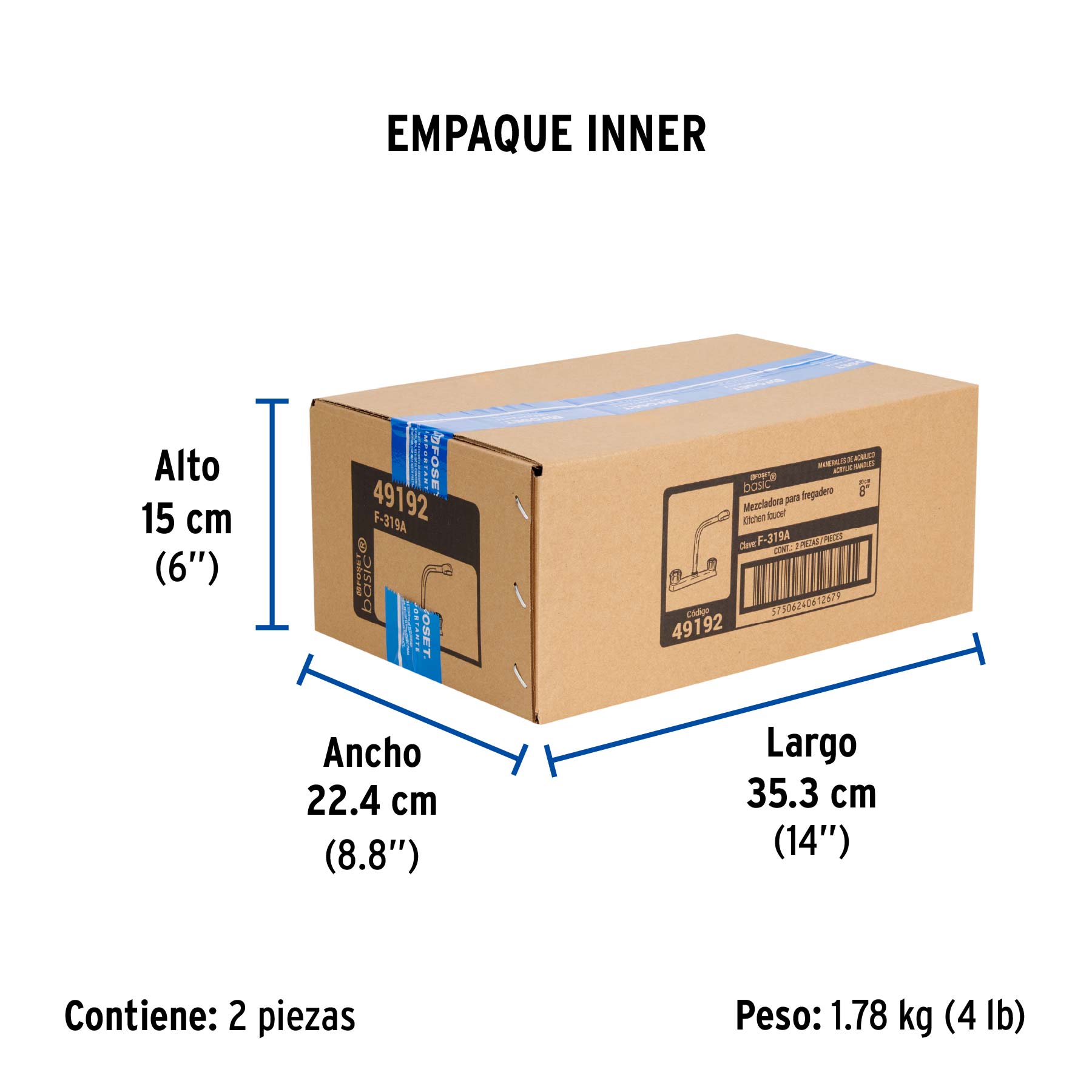 Mezcladora 8" fregadero cromo, cuello cobra, acrílico, BASIC - Empaque