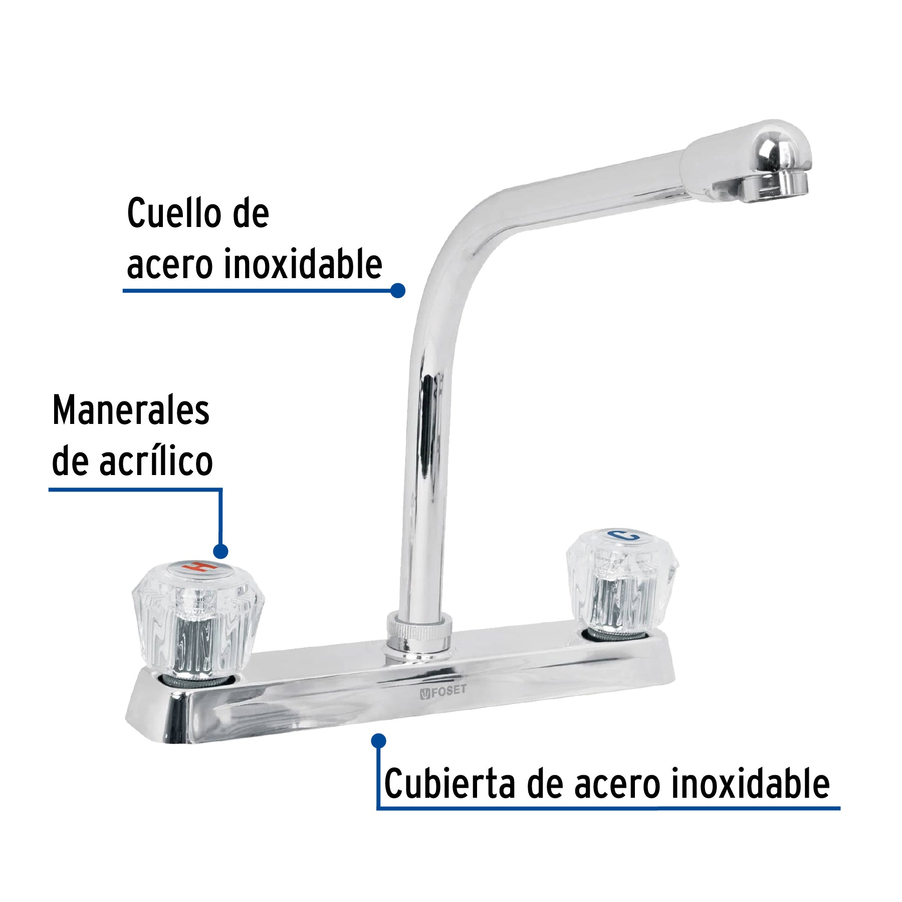 Mezcladora 8" fregadero cromo, cuello cobra, acrílico, BASIC