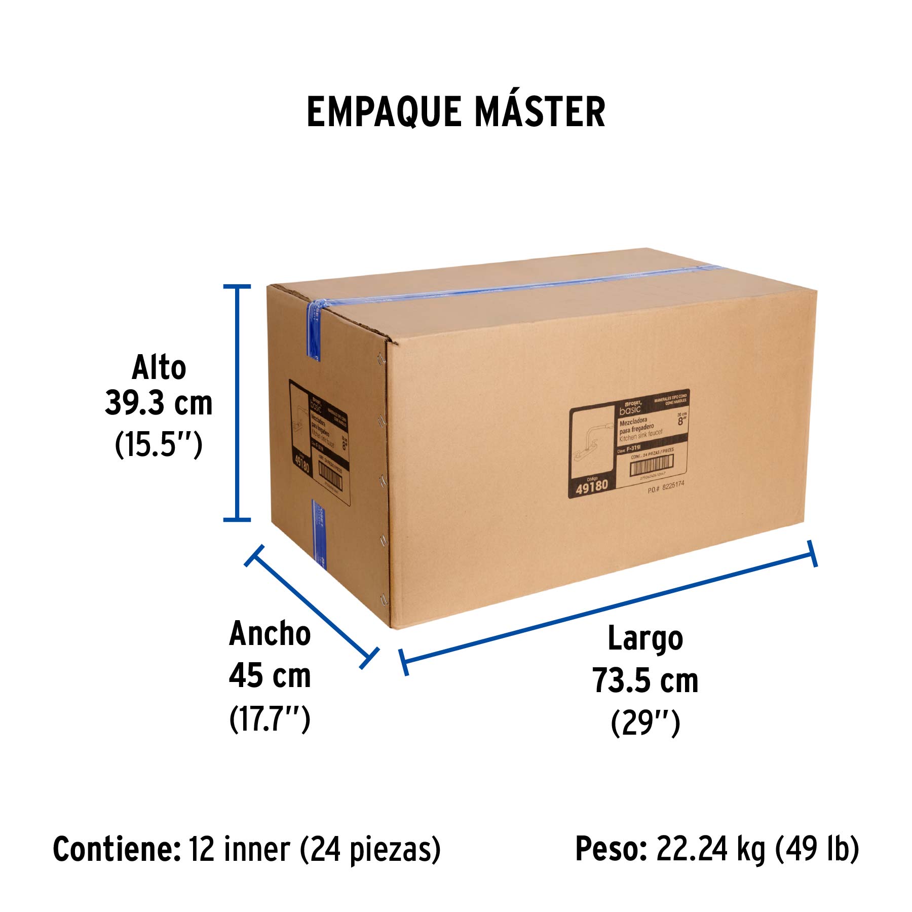Mezcladora 8" fregadero cromo, cuello cobra, cono, BASIC - Empaque