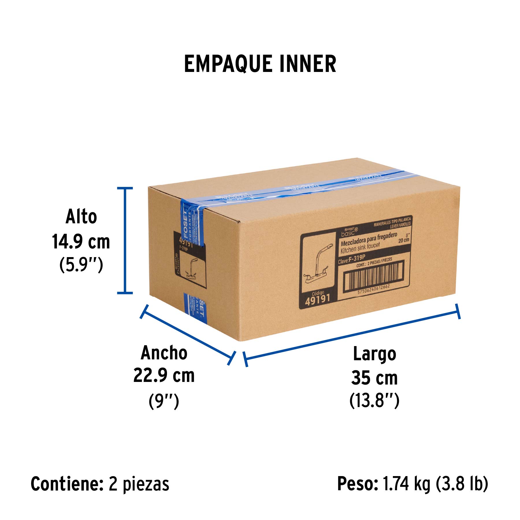 Mezcladora 8" fregadero cromo, cuello cobra, palanca, BASIC - Empaque