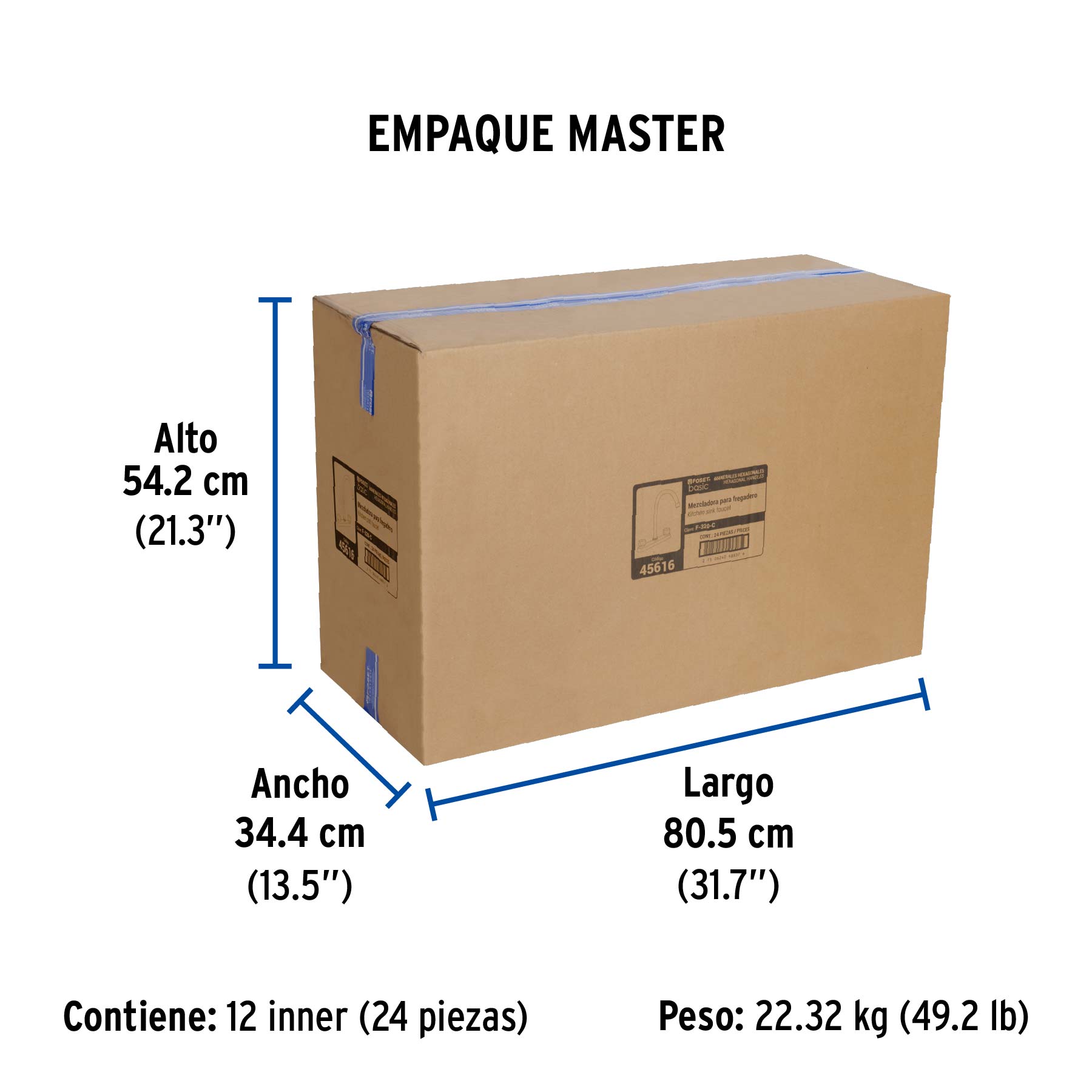 Mezcladora 8" fregadero cromo, cuello curvo,compresión,BASIC - Empaque