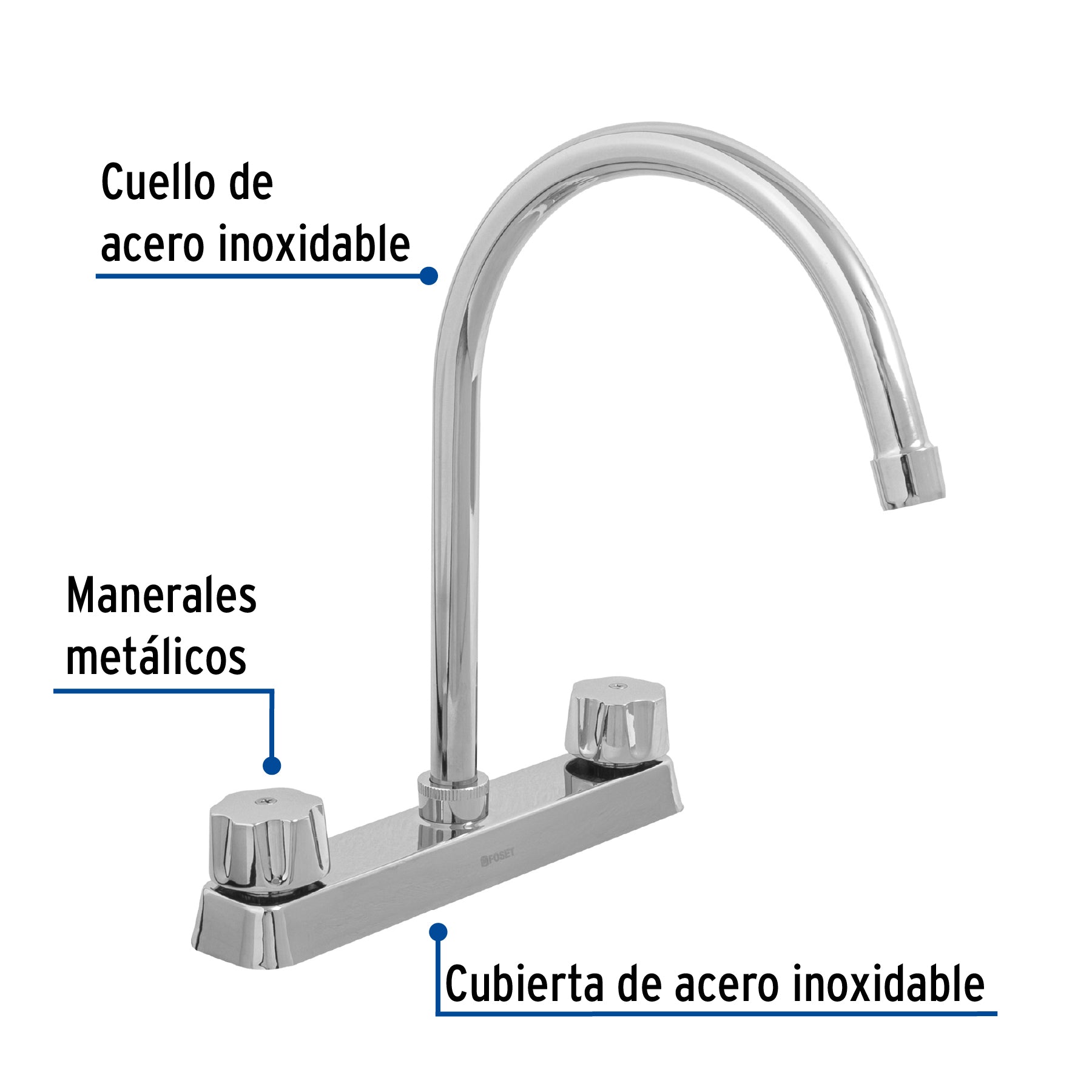 Mezcladora 8" fregadero cromo, cuello curvo,compresión,BASIC