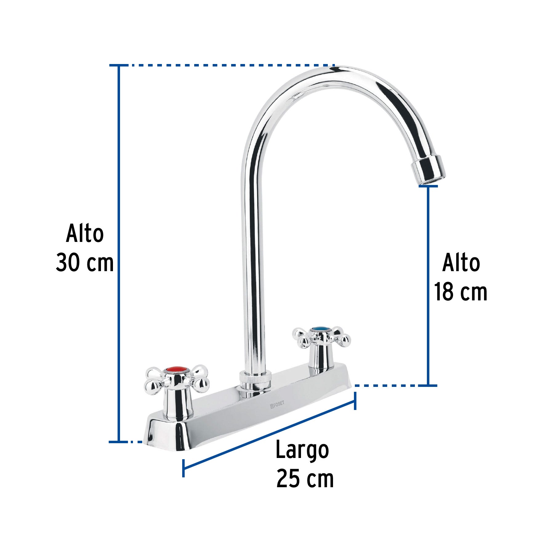 Mezcladora 8" fregadero cromo, cuello curvo, cruceta, BASIC