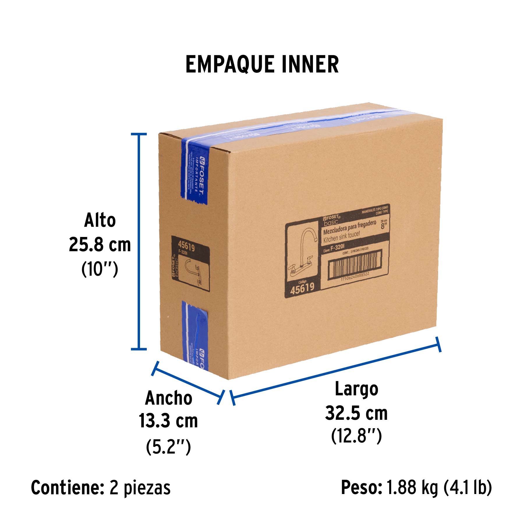 Mezcladora 8" fregadero cromo, cuello curvo, cono, BASIC - Empaque